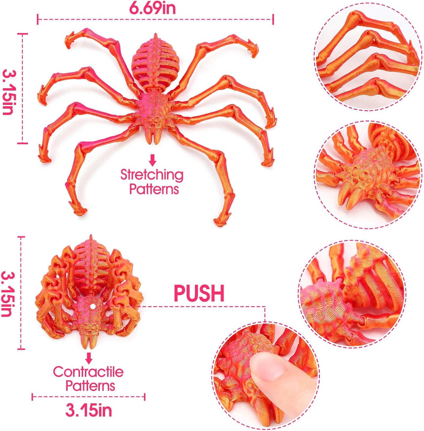 3D Printed Spider Fidget Toys, 1 Pack Articulated Fake Spider Figures Party Favors for Birthday Halloween Christmas, Stress Relief Desk Toys for Classroom Office Home (Laser-orange)