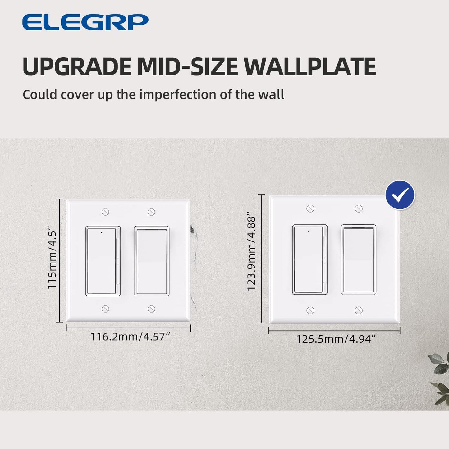 ELEGRP 2-Gang Decorative Wall Plates, Mid-Size 4.88" H x 4.94" L Unbreakable Thermoplastic Faceplate Cover for Decorator Receptacle Outlet Switch, UL Listed (1 Pack, Glossy White)