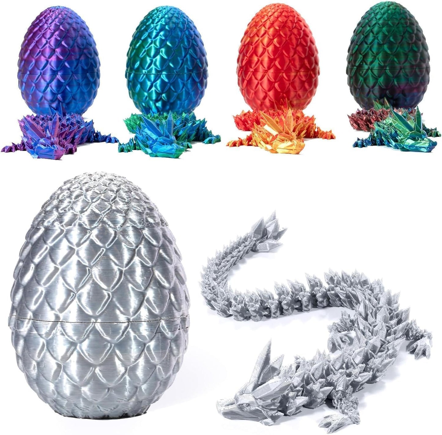 Executive Desk Toys Easter Egg, 3D Printed Dragon, 3D Dragon Eggs with Dragon Inside, Dragon Toy Dragon Egg Fidget Toy, Fidget Toys for Autism/ADHD (Silk Silver)