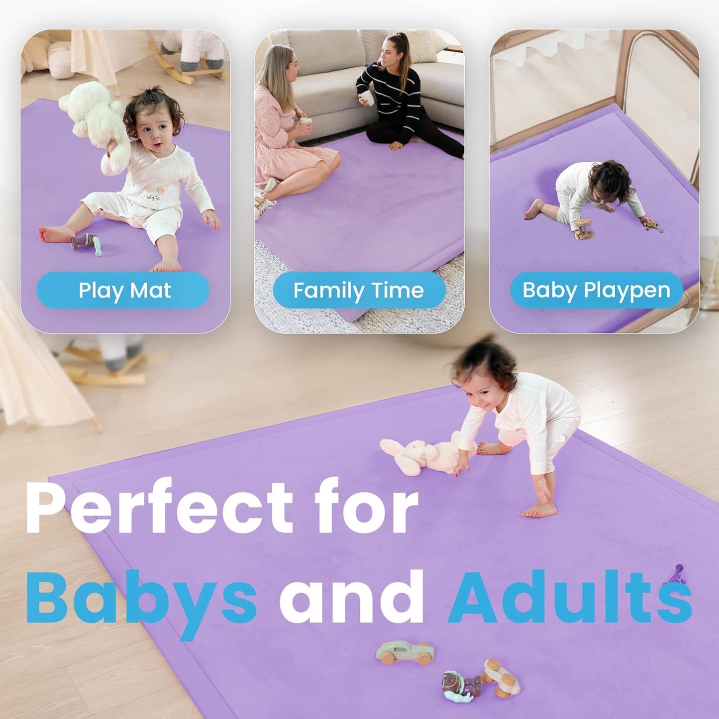 Ultra Soft Baby Play Mat,79"×79" Extra Large Activity Tummy Time Mat for Toddlers,Infants,Kids,1.3" Thick Elasti-Foam Nursery Rug for Floor,Non-Slip Safe for Crawling,Water-Repellent(Lavender)