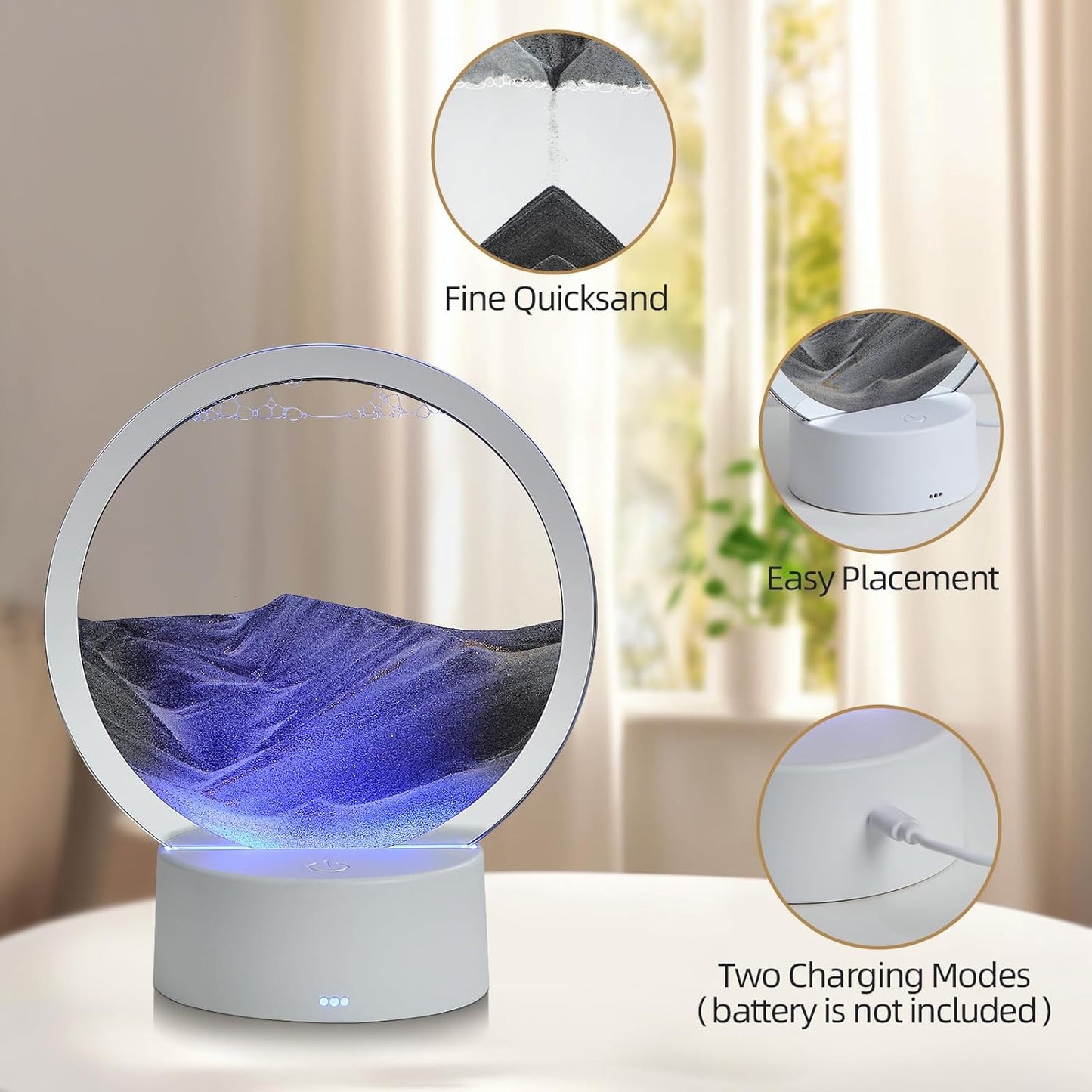 KPNUWN Moving Sand Art Liquid Motion, 3D Deep Sea Sandscape Color Quicksand Decor, Round Glass Moving Sand Art Picture Relaxing Desktop Home Office Work Decor (7 inch-Black Light)