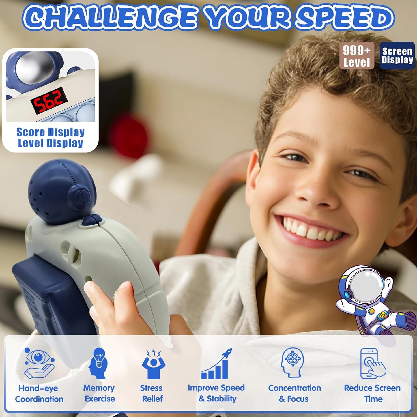 Upgraded Fast Push Game Popping Fidget Toys for Kids, Funny Toys with LED Screen for Kids 3-12, Birthday Gifts for Girls and Boys Bubble Stress,Handheld Puzzle Game Sensory Toys (Astronaut)