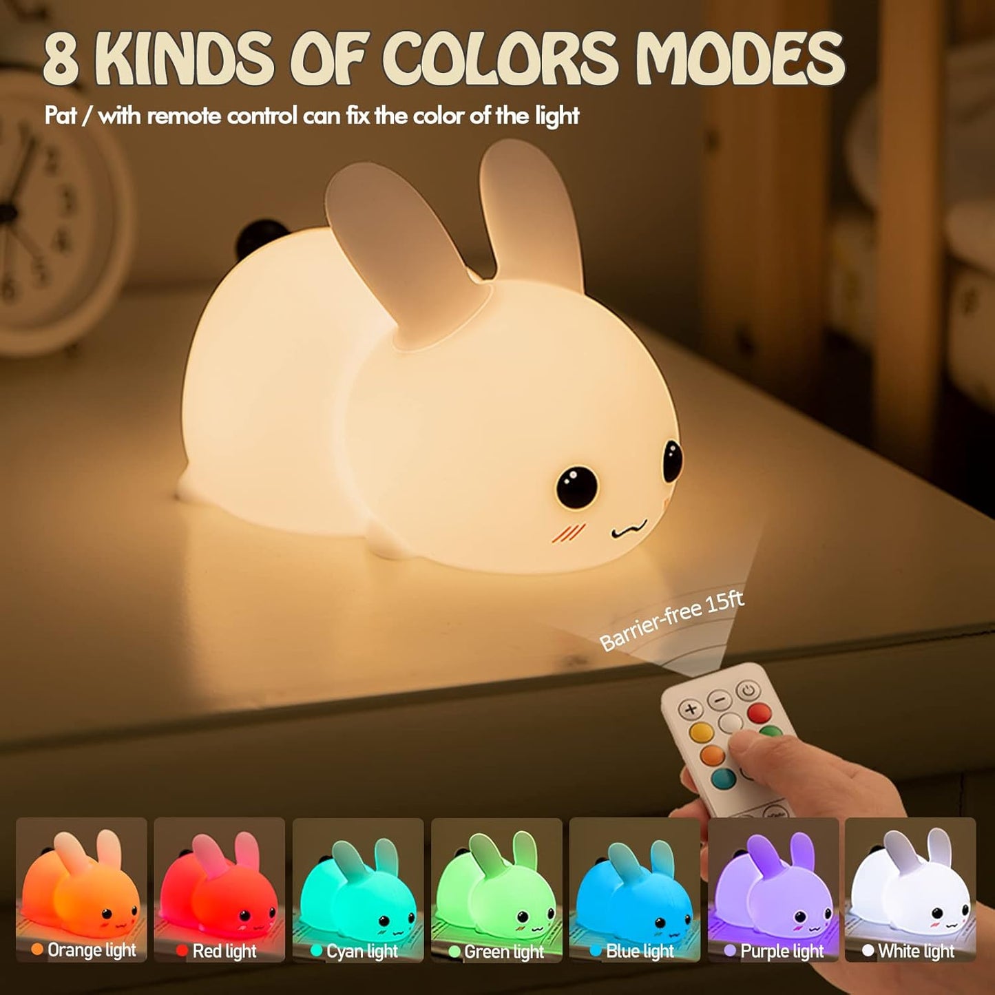 QANYI Kawaii Bunny Night Lights for Kids, 7 Color Light Silicone for Baby Nursery, Portable USB Rechargeable Bedside Lamp for Toddler's Room, Bunny Decor Kawaii Easter Gifts for Child and Teen Girls