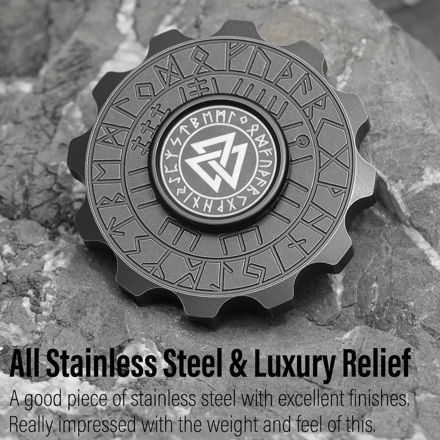 FREELOVE Metal Fidget Spinner, Viking Pirate Haptic Gyro, Heavy Stainless Steel Hand Spinning, Small Round Gear Fidget Block, Premium Bearing Silent Long Spinning for Adults Anxiety Cool, Black