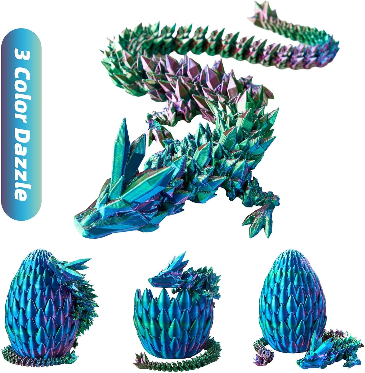 Dragon Egg,15in Crystal Dragon,Surprise Egg,Articulated Dragon,3D Printed Gift Toy,Fidget Toys for Autism/ADHD, Executive Desk Toys,Home Office Decor (3 Color Dazzle)
