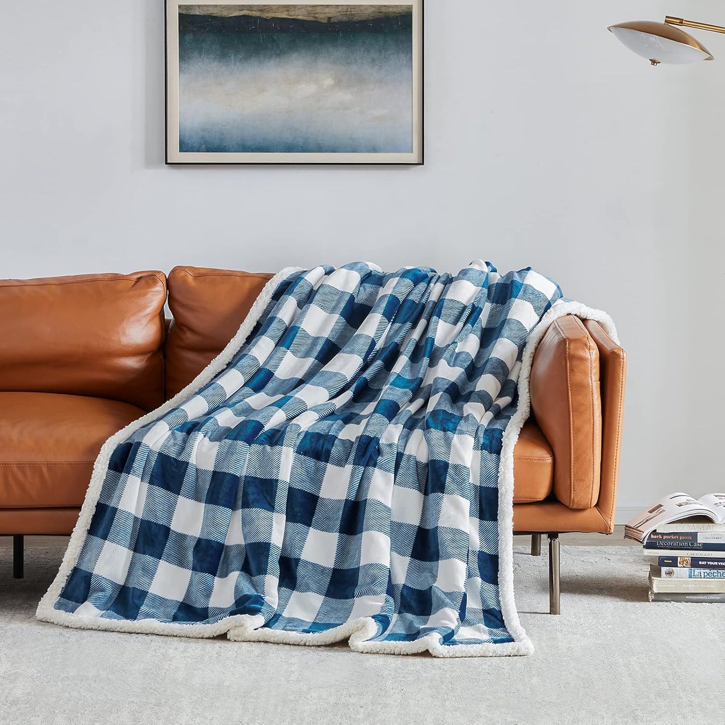 Touchat Sherpa Plaid Twin Blanket 60" X 70", Fuzzy Fluffy Soft Cozy Throw Blanket, Twin Size Plush Fleece Flannel Plush Microfiber Blanket for Couch Bed Sofa (Navy)