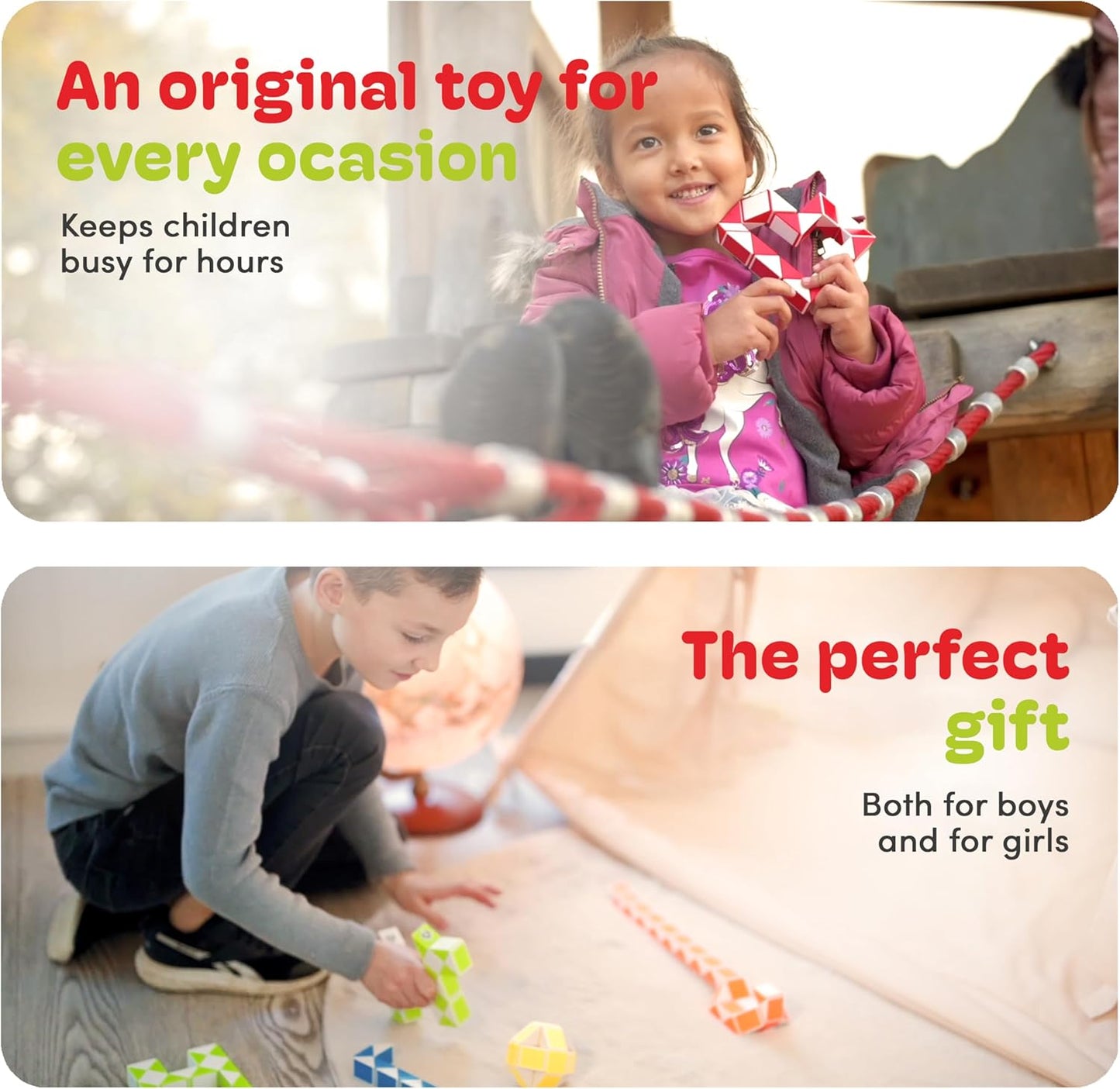 CUBIDI® Magic Snake Cube | Fidget Snake Toy for Kids | Travel Toys for Kids Ages 4-8 | Great Gift for Boys and Girls Birthday, Christmas, Stocking Stuffers - 24 Blocks | 0.9 x 0.7 inch | Orange