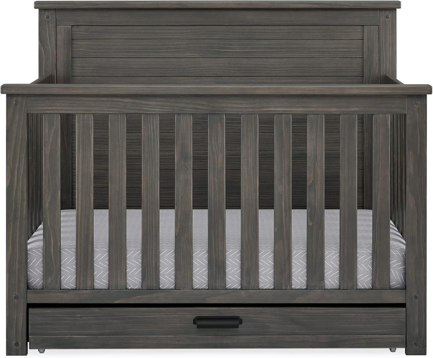 Delta Children Simmons Kids Caden 6-in-1 Convertible Crib with Trundle Drawer, Greenguard Gold Certified, Rustic Grey
