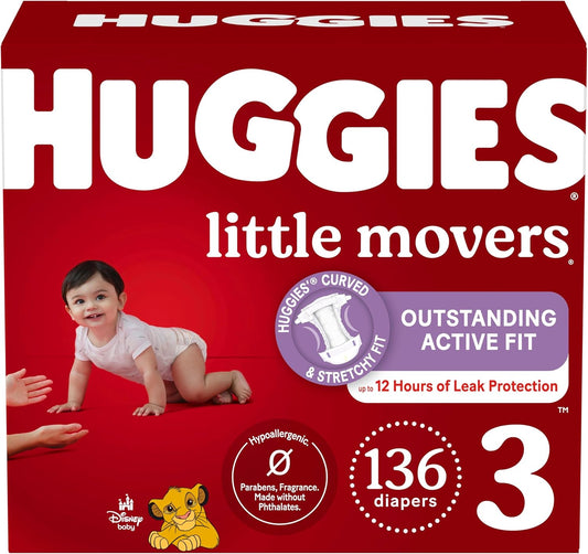 Huggies Size 3 Diapers, Little Movers Baby Diapers, Size 3 (16-28 lbs), 136 Count