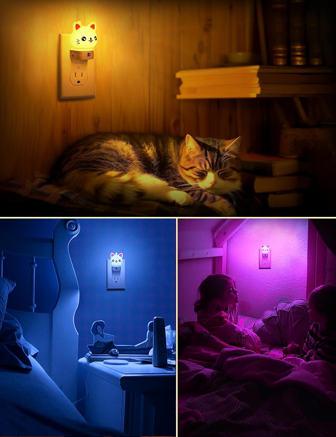 Cat Night Lights Plug Into Wall [2 Pack], Cute Night Light for Kids, 8-Color RGB LED Night Light, Nightlight with Dusk to Dawn Sensor for Kids Room, Bathroom, Bedroom Décor, Children Gift