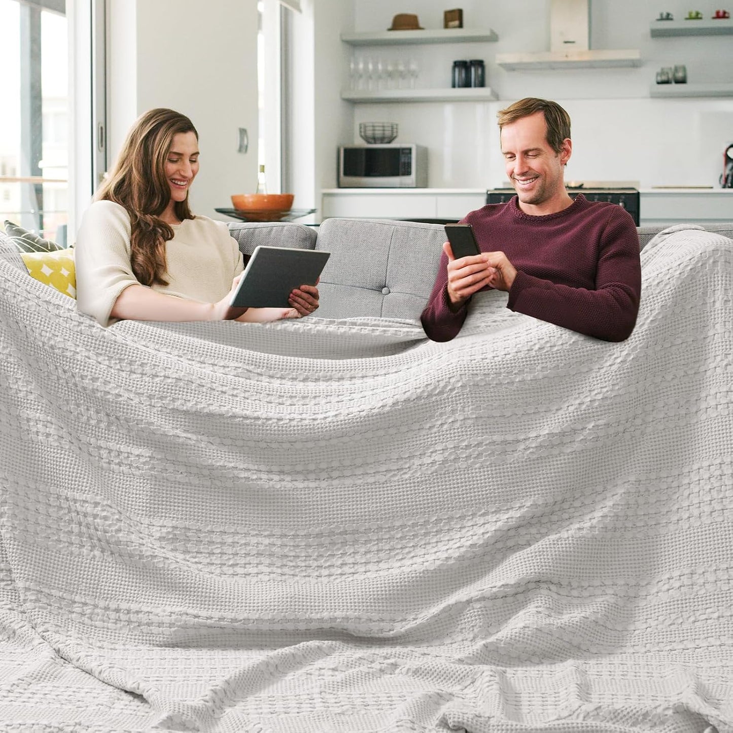 PHF 100% Cotton Waffle Blanket Oversized King 120"x120", Lightweight Breathable Extra Large 10'x10' Summer Blankets for Bed, Giant Big Luxury Aesthetic Woven Bedding for Home Decor, Light Grey