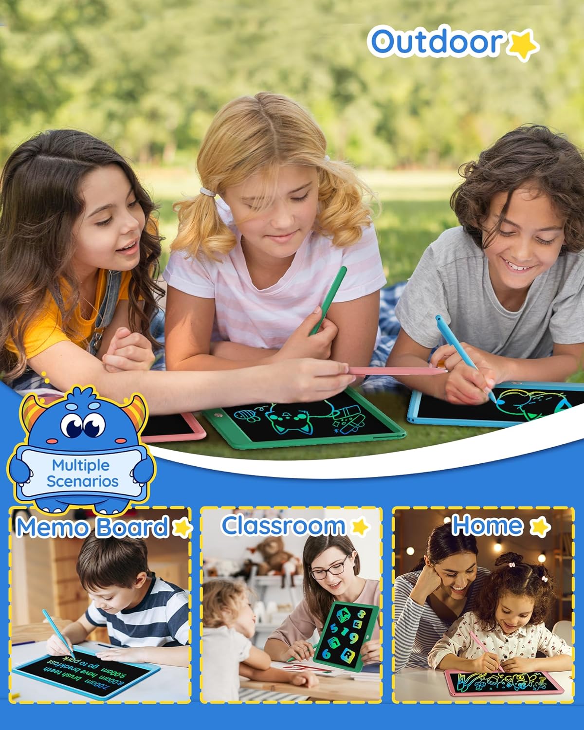 TEKFUN LCD Writing Tablet for Kids Boys Toys, 12 Inch Erasable Doodle Board Colorful Doodle Pad, Mess Free Coloring Board Games Toys Gifts for Toddlers Boys Adults (Blue)