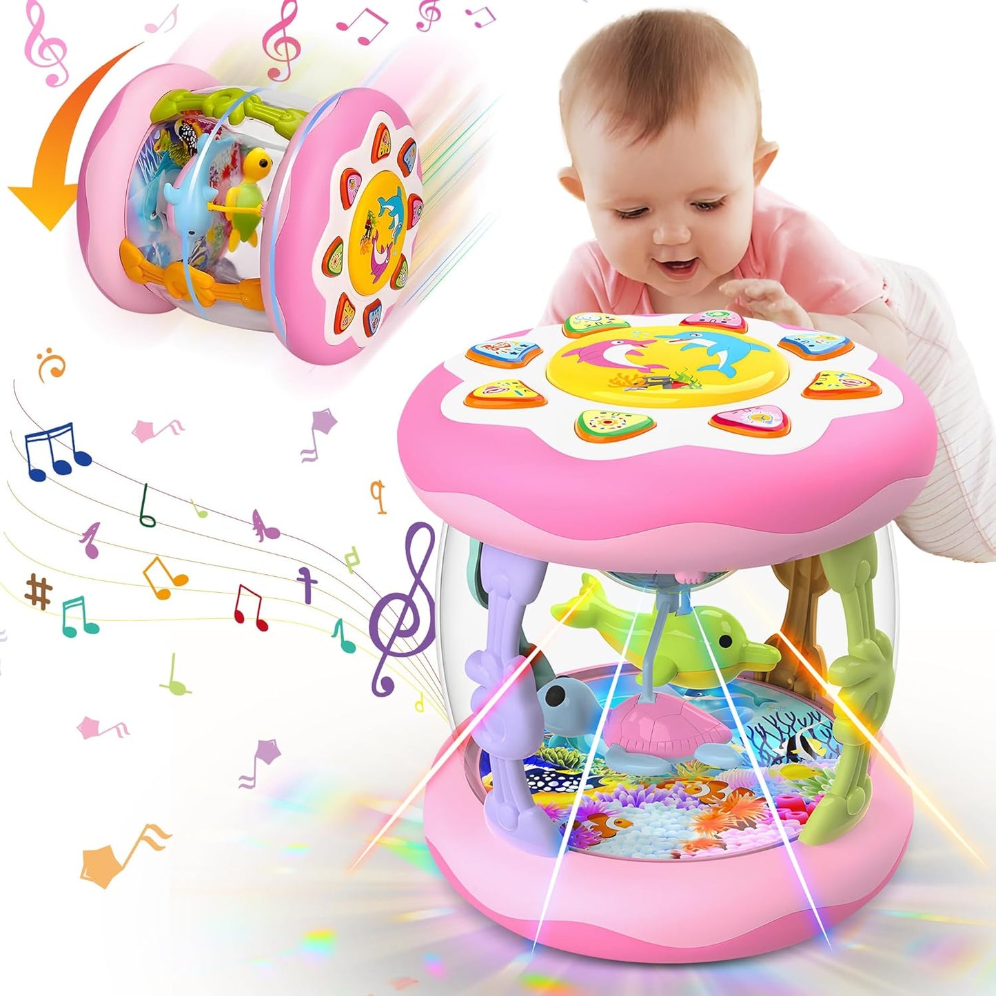 Baby Girl Toys 12 Months, Musical Rotating Light Up Infant Toys Tummy Time for Infant 12-18 Months, Crawling Learning Toys Birthday Gifts for Baby 1 2 3 Years Old