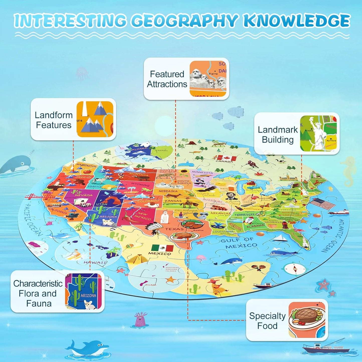 United States Puzzle 70 Pieces USA Map Floor Jigsaw Puzzles for Kids Ages 4-10, Jumbo Round US Geography Puzzle 50 States with Capitals Educational Learning Toys for Boy or Girl