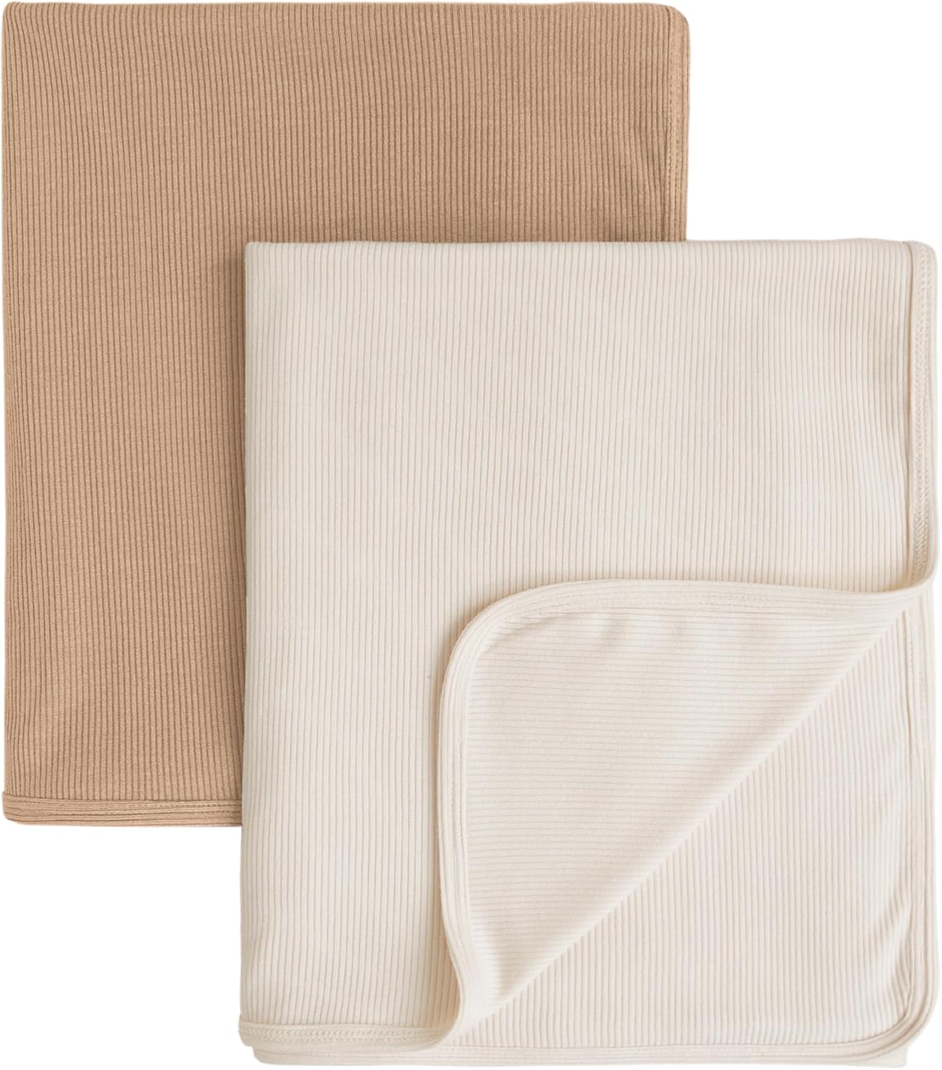 Konssy Knit Baby Blanket 2 Pack, Soft Ribbed Swaddle Receiving Blankets for Boys & Girls, Lightweight Cozy Swaddling Wrap for Newborns, Infants, & Toddlers, 33x42 Inch (Clay,Beige)