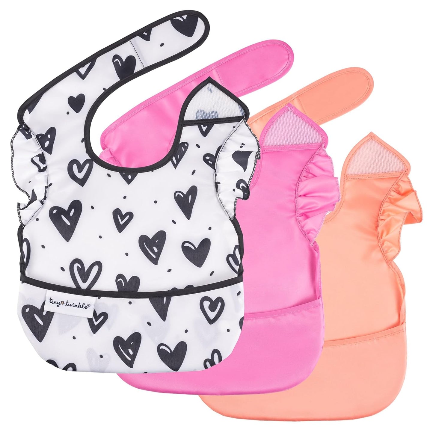 Tiny Twinkle Mess Proof Baby Bibs for Eating - Waterproof, Wipeable Bibs - Toddler Bibs - Travel Friendly - PFAS, PVC, BPA, Phthalate Free - Baby Food Bibs(3 Pack,Girl Hearts)