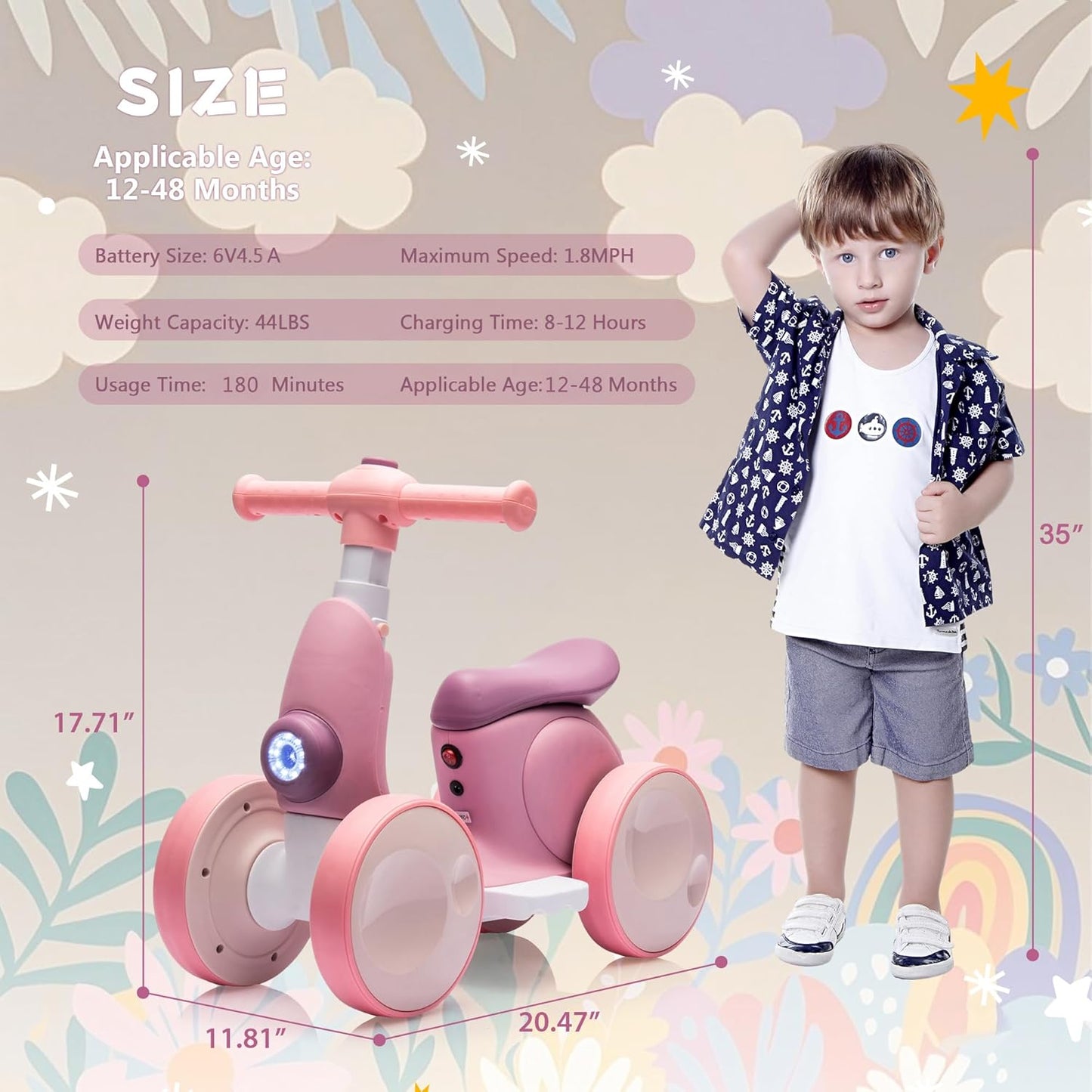 6V Electric Baby Balance Bike for 1 Year Old Boys Girls Ride on Toys 12-48 Months Toddler Balance Bike, 4 Wheels Kids First Bike with Remote Control First Birthday Gifts- Purple