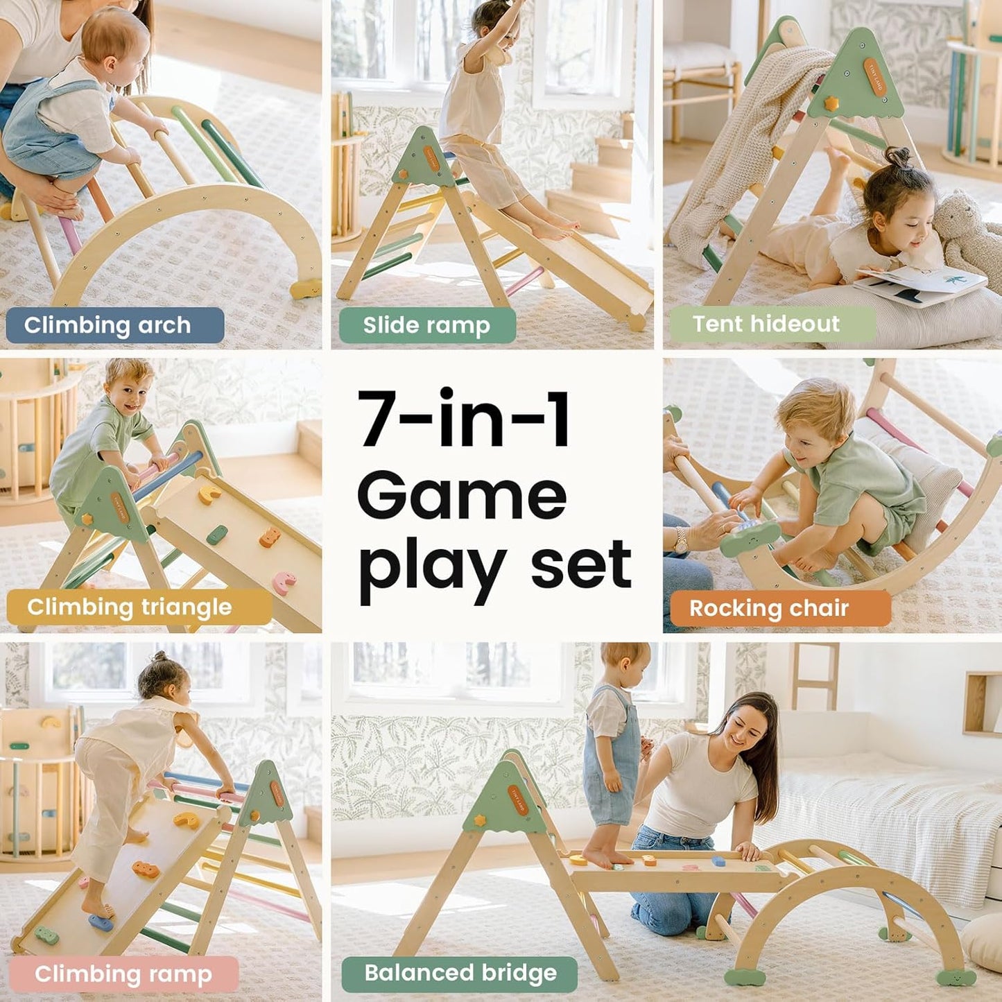 Tiny Land Pikler Triangle Set,7-in-1 Foldable Montessori Toddler Climbing Toys Indoor, Wooden Playground Jungle Gym for Kids, Climber Gift for Boys & Girls Toddler Climbing Toys (Morandi)