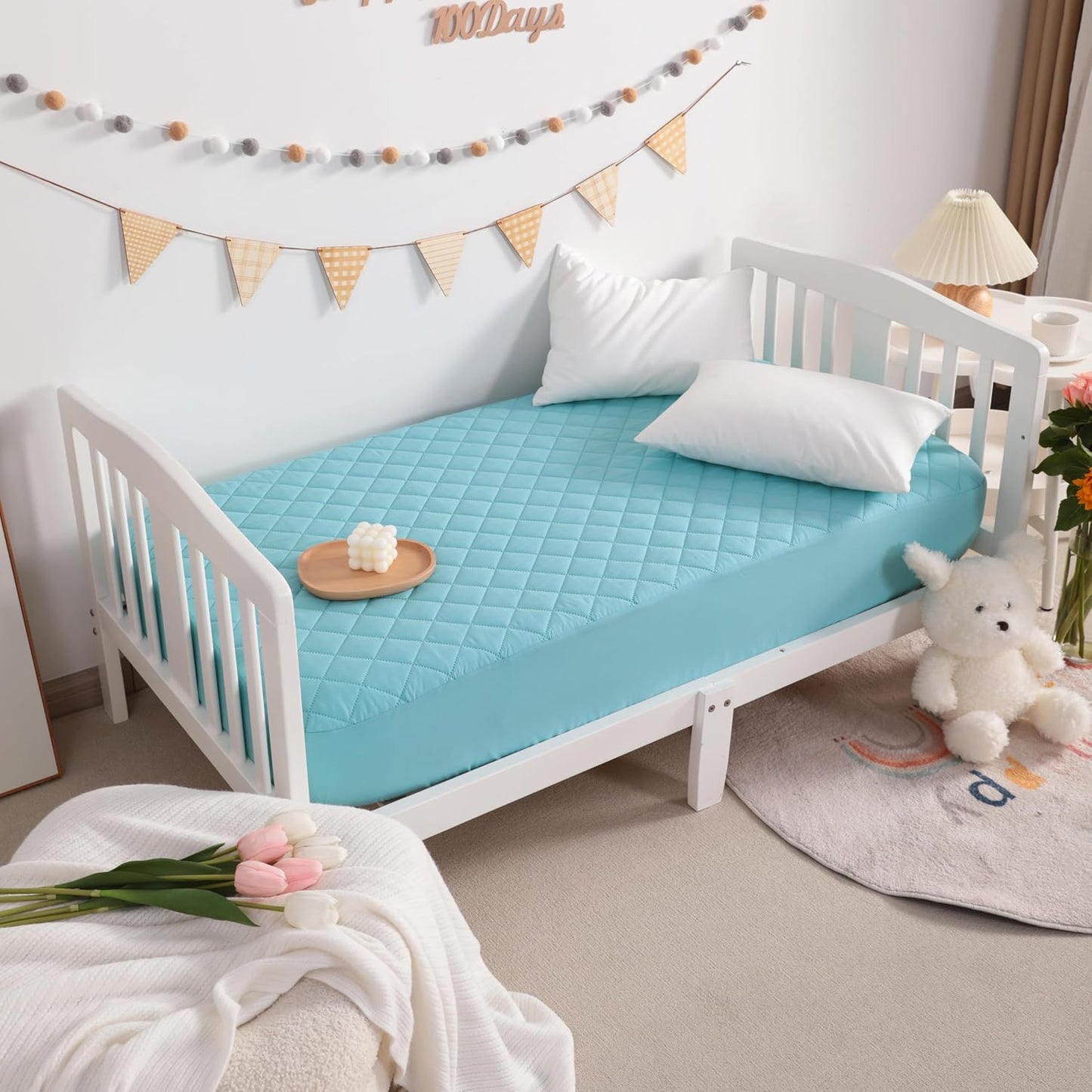 NTBAY 2 Pack Waterproof Mini Crib Mattress Protector, Quilted 24"x38" Fitted Mattress Cover - Machine Washable - Soft and Breathable Baby Mattress Pad Sheet for Mini Crib and Baby Playards, Aqua