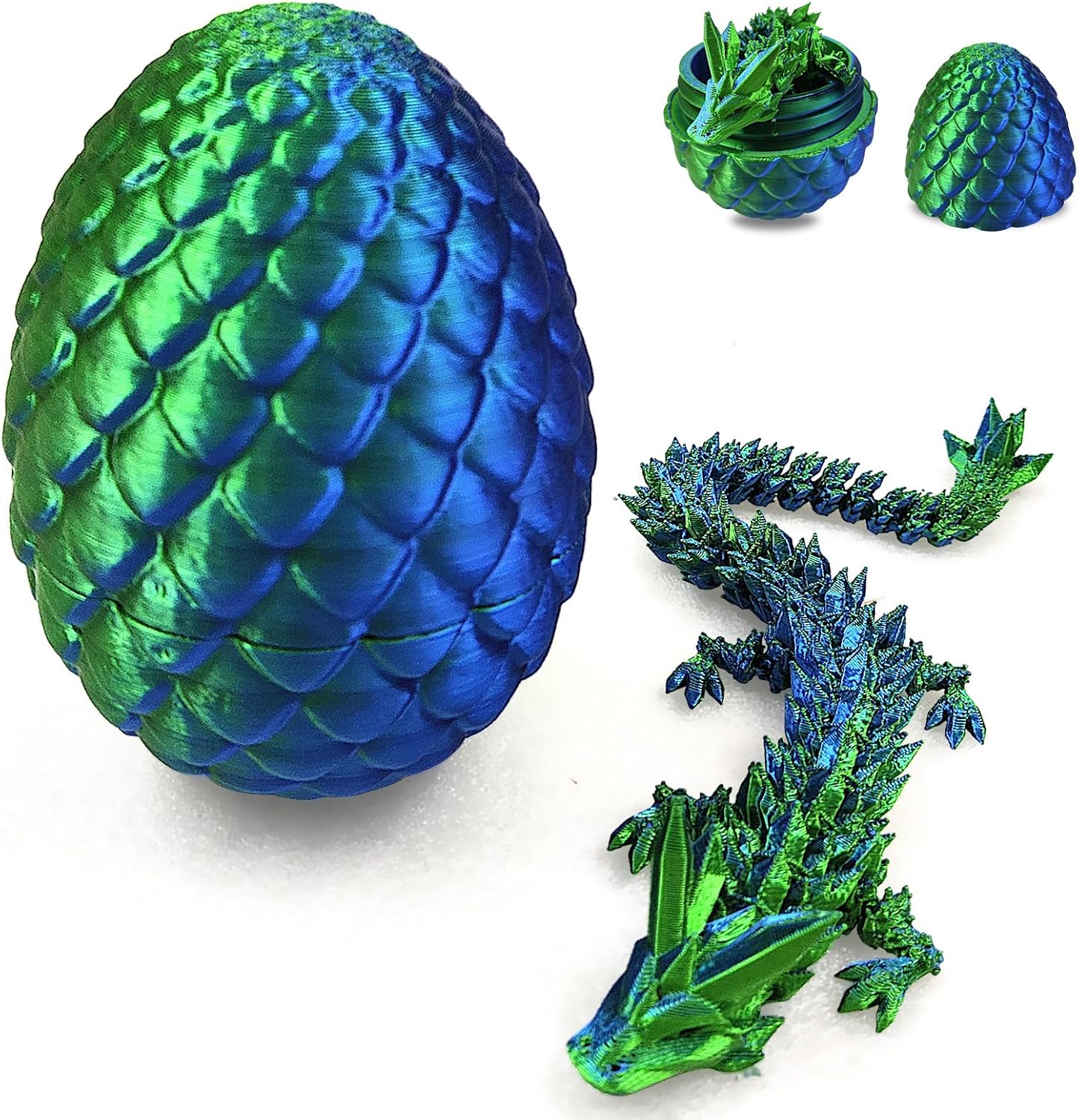 3D Printed Dragon in Egg with Dragon Inside,Dragon Surprise Egg,Flexible Joints Home Office Dragon Decor Executive Desk Toys for Autism/ADHD,Crystal Dragon Eggs Fidget Toy (Laser Green)