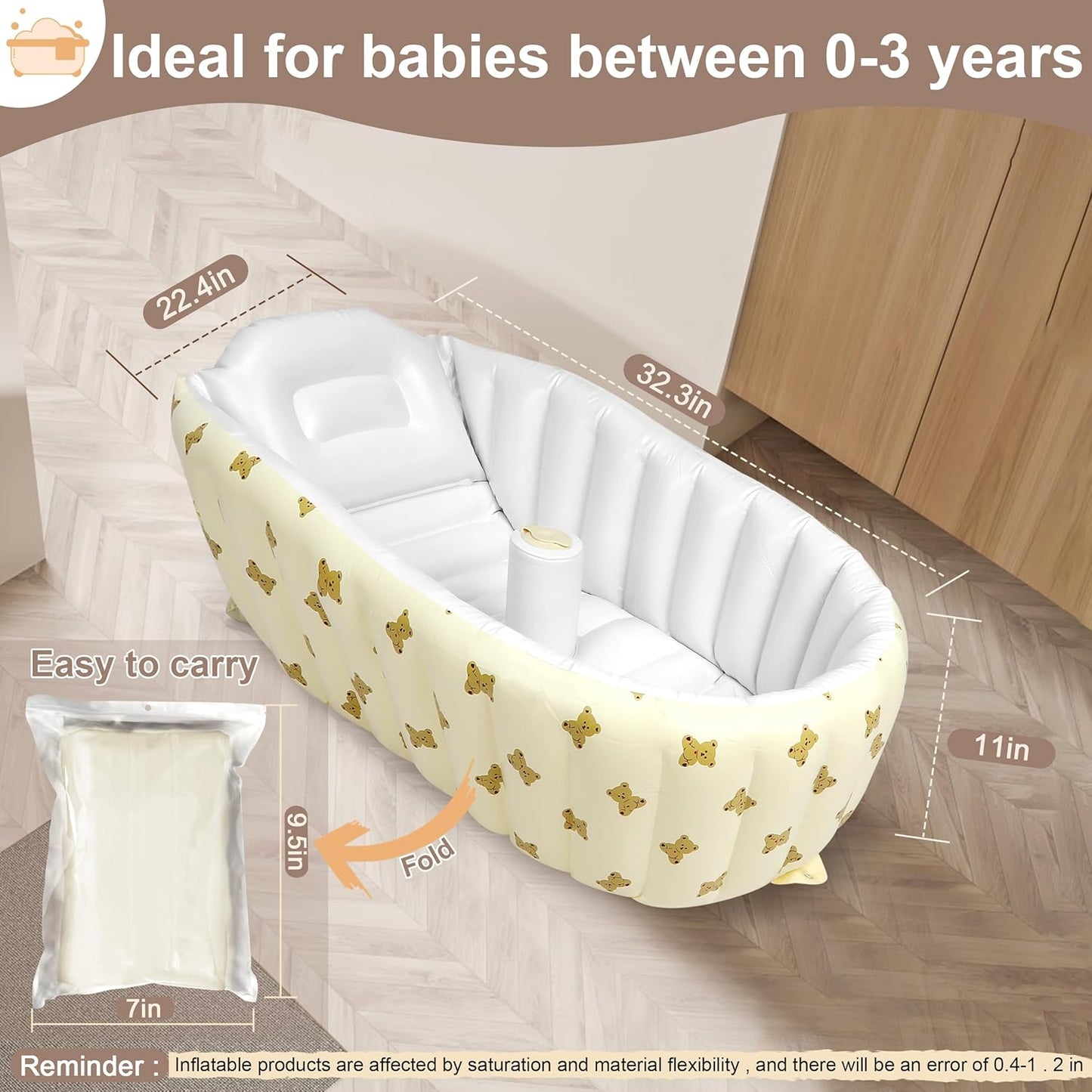Mink Newborn to Toddler Bath Tub,Inflatable Baby Bathtub with Built-in Air Pump,Portable Travel Shower Basin with Back Support, Deflates and Folds Easily (Bear tub)
