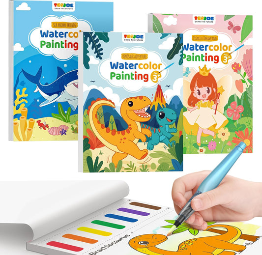 TECJOE 3 Pack Paint With Water Coloring Books for Toddlers, Watercolor Paint Set with 6 Brushes, Painting Activity for Kids Ages 4 5 6 7 8, Christmas Gift arts & Crafts Toy, Princess, Dinosaur & Sea