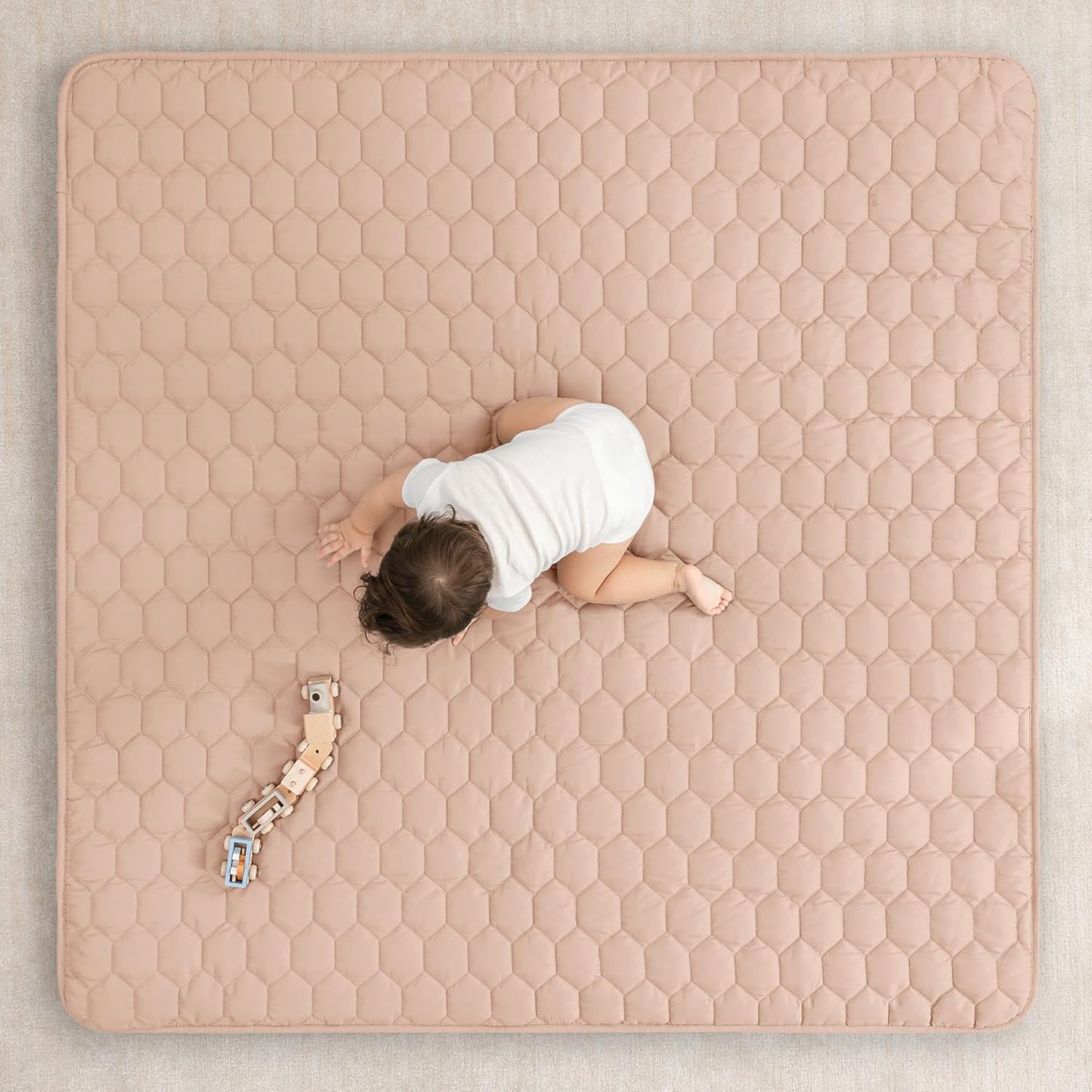 Comfy Cubs Square Kids Play Mat - 56 x 56 inches Soft Quilted Baby Floor Mat with Non-Slip Bottom - Plush Design for Toddlers' Playtime and Relaxation - Comfortable and Durable - Blush