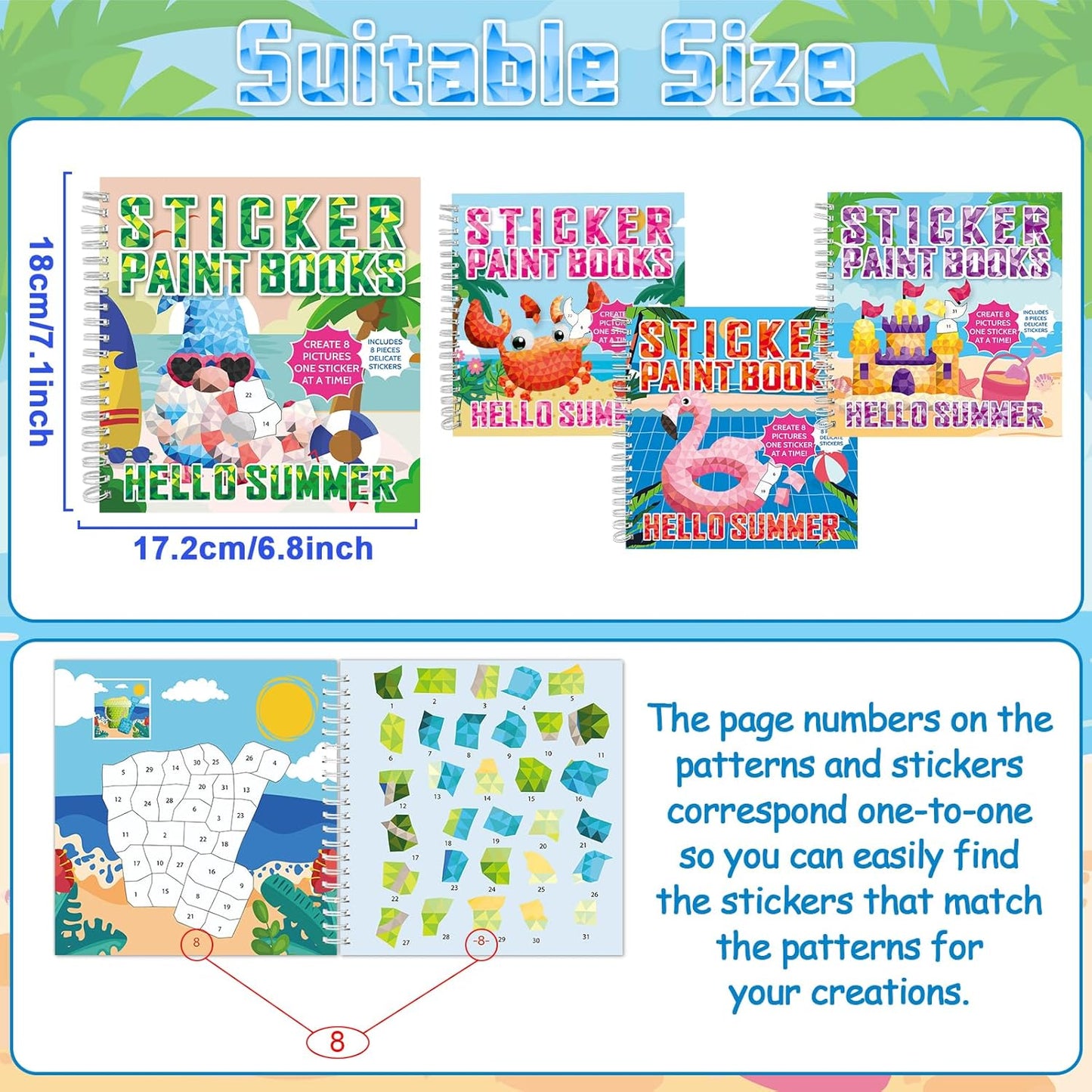 4Pcs Summer Paint by Sticker Books for Kids Ages 4-8 Hello Summer Sticker by Number Books Activity Book for Kids Age 3-5 Puzzle Book Craft Art Toddler Gift with Crab Flamingo Sand Castle 32 Pictures