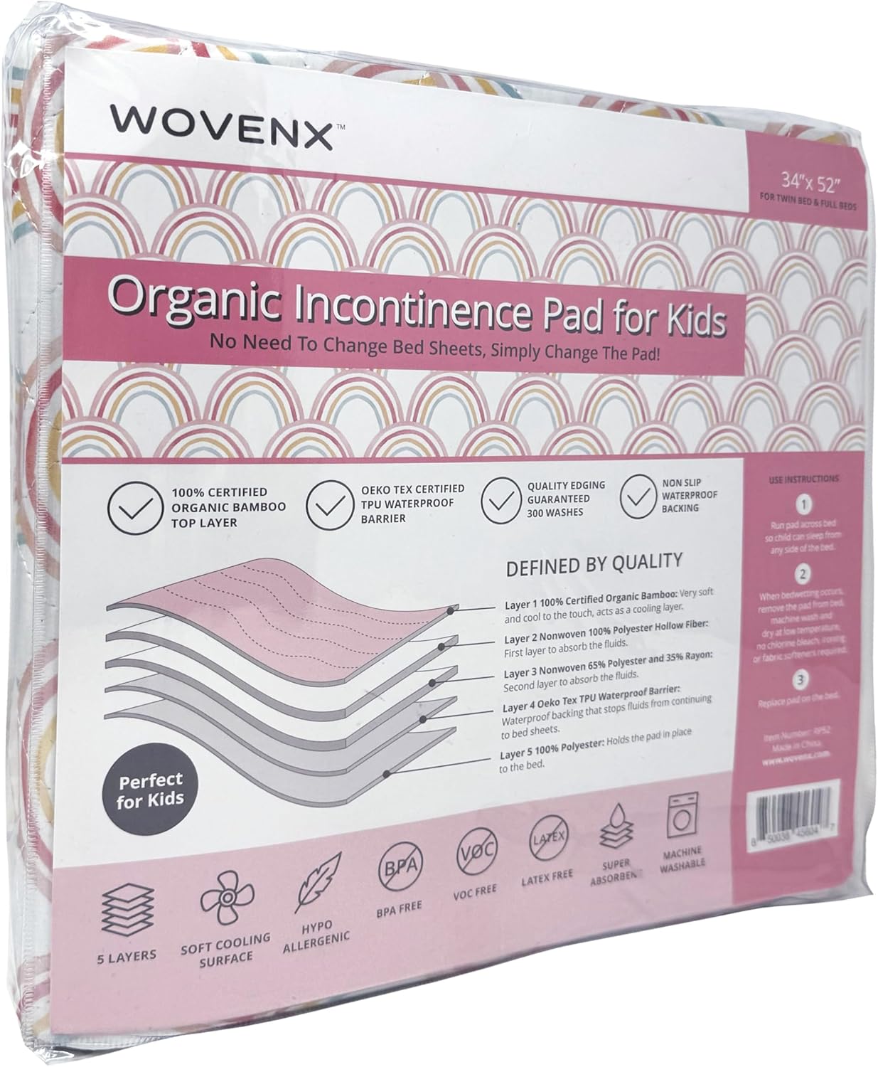 Organic Incontinence Pads for Kids & Toddlers - 5 Layer Waterproof Protectors for Overnight Bed Wetting - Reusable & Washable Pee Pads - Fits Twin to Full Size Beds - 34" x 52" Rainbow