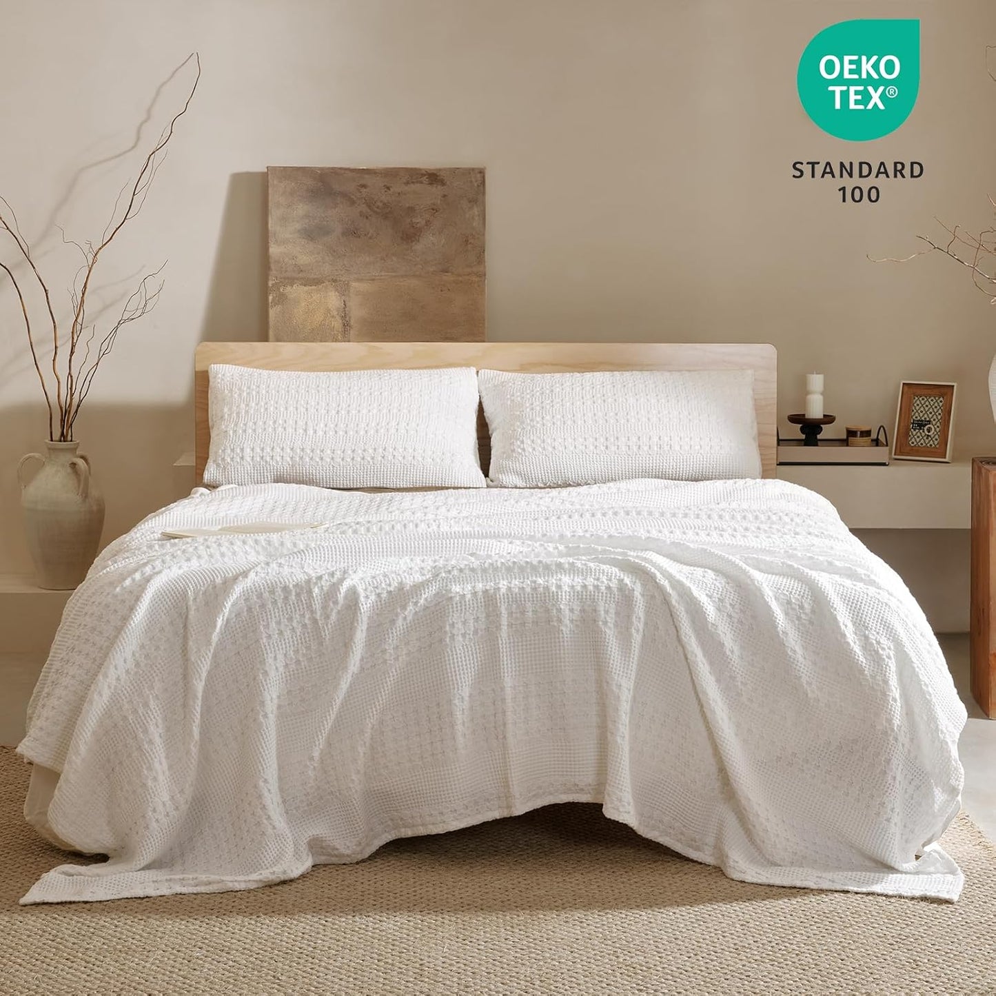 PHF 100% Cotton Waffle Weave Blanket Twin Size, Soft Lightweight Breathable Cozy Summer Blankets for Bed, Luxury Aesthetic Woven Bedding for Home Decor, 66"x90", White