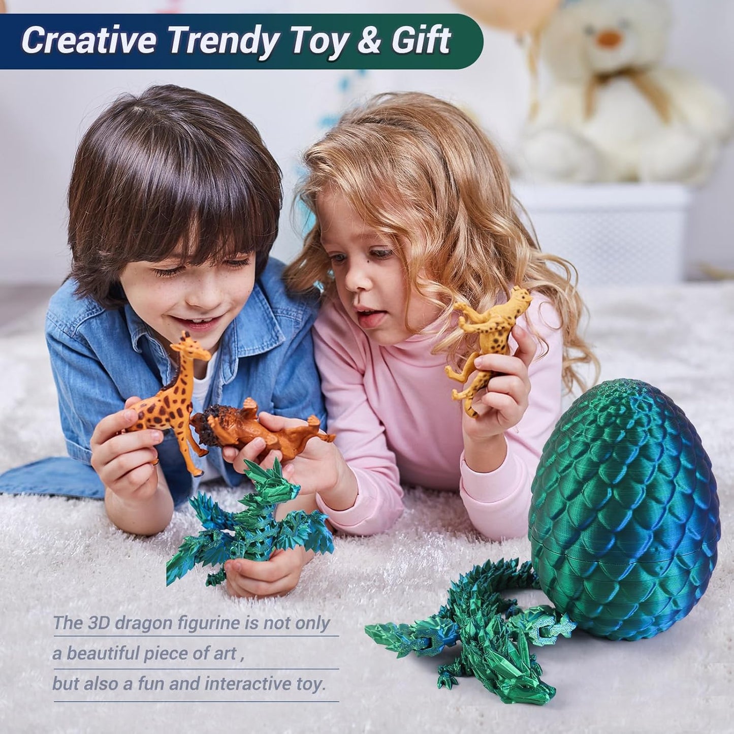 Antetek 3D Printed Dragon with Wings，3D Printed Dragon Egg，3D Printed Dragon in Egg， Movable Articulated Crystal Dragon Eggs with Dragon Inside with Wings