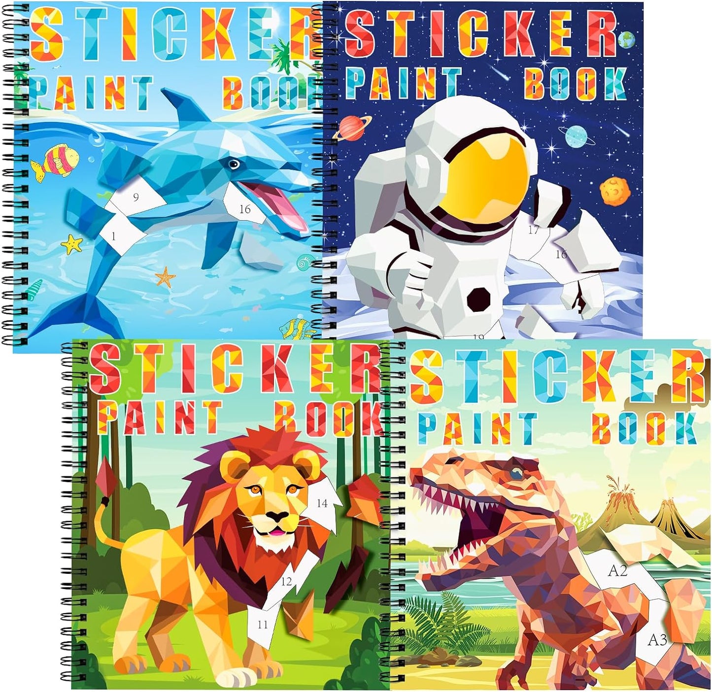 homicozy 4PCS Sticker Paint Books for Kids Ages 4-10,Dinosaur Astronaut Ocean Animals Designs Paint by Stickers,Sticker by Numbers,Party Birthday Gifts for Boys 4-10,Create 40 Pictures at a Time