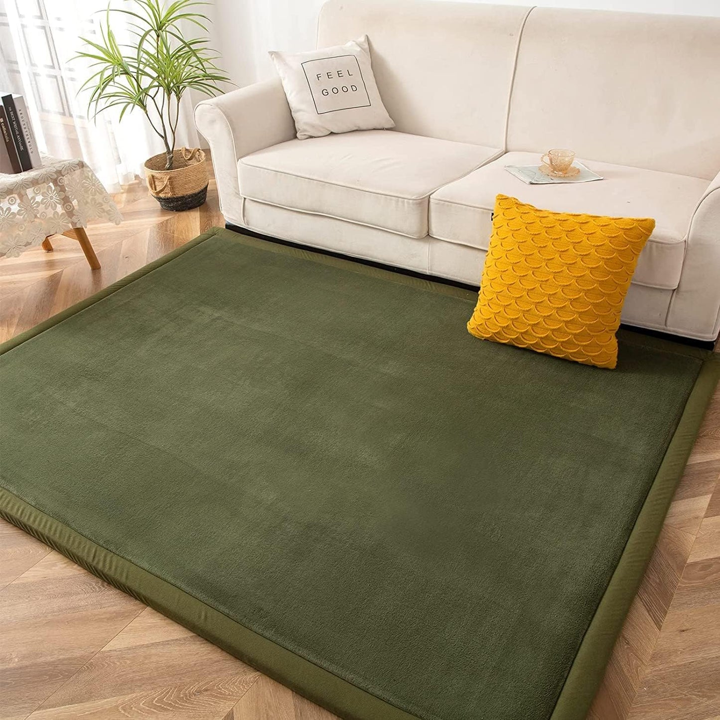 MAXYOYO Baby Play Mat, 1.2" Thick Memory Foam Soft Padded Carpet with Non-Slip Backing, 5x7 ft Japanese Tatami Rug Living Room for Kids, Toddler, Children, Nusery(Olive Green)