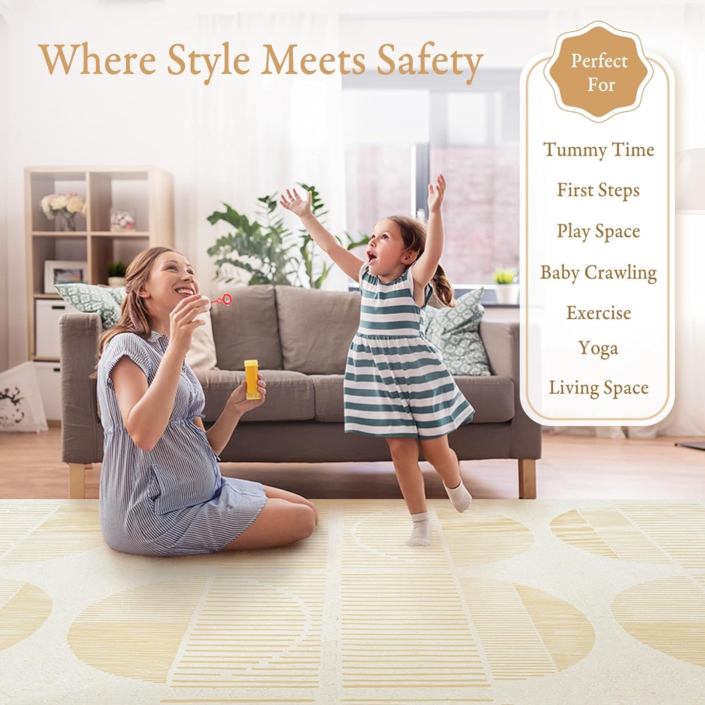 Premium Exercise & Baby Foam Play Mats - Stylish & Large Non-Toxic Odorless Floor Mat - 6 Tiles - Spacious 6ft x 4ft - Peel-Resistant Reinforced, Soft Thick, Waterproof - Ecru Linen