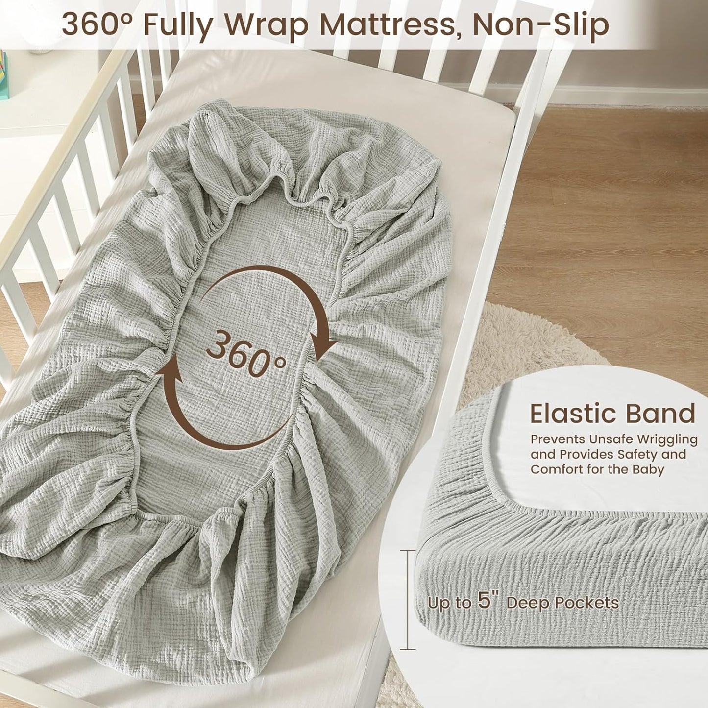 david's kids Muslin Mini Crib Sheets, 2 Pack Cotton Pack N Play Sheets for Boys Girls Neutral, Soft Breathable Baby Sheets Fit Pack N Play, Playard and Mini Crib Mattresses, Oat Milk & Light Gray