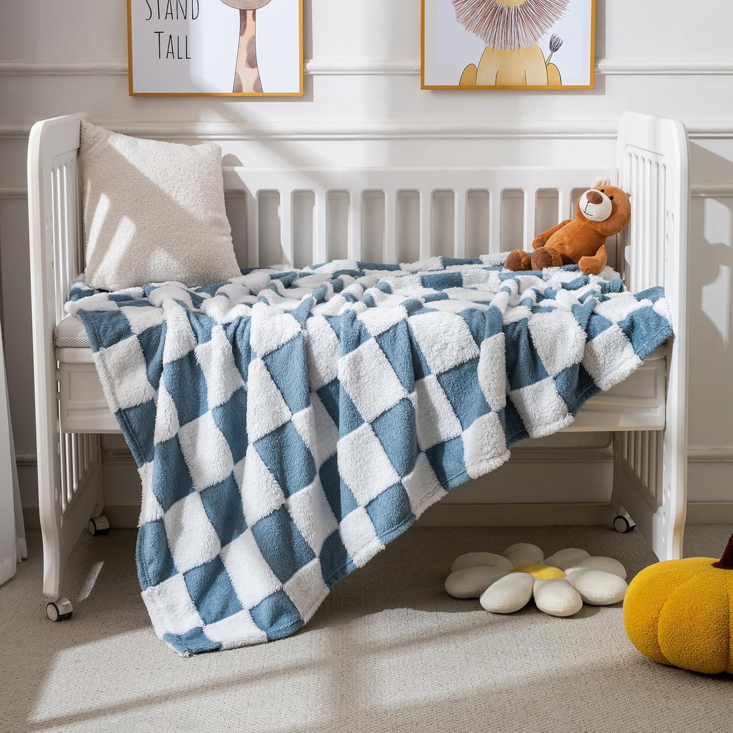 Fleece Baby Blanket for Boys 3D Checkerboard Design, Warm Cozy and Fluffy Infant Newborn Toddler Small Receiving Blankets for Crib Stroller, 30x40 Inches, Blue