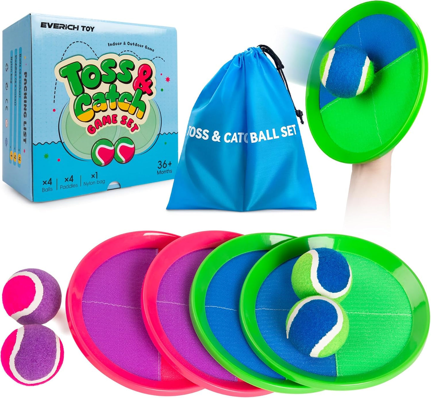 EVERICH Upgraded Toss and Catch Ball Game Set - Indoor and Outdoor Games for Kids 3-12, Beach Sand Pool Water Toy Includes 4 Paddles 4 Sticky Balls, Great Birthday Easter Gifts for Boys Girls