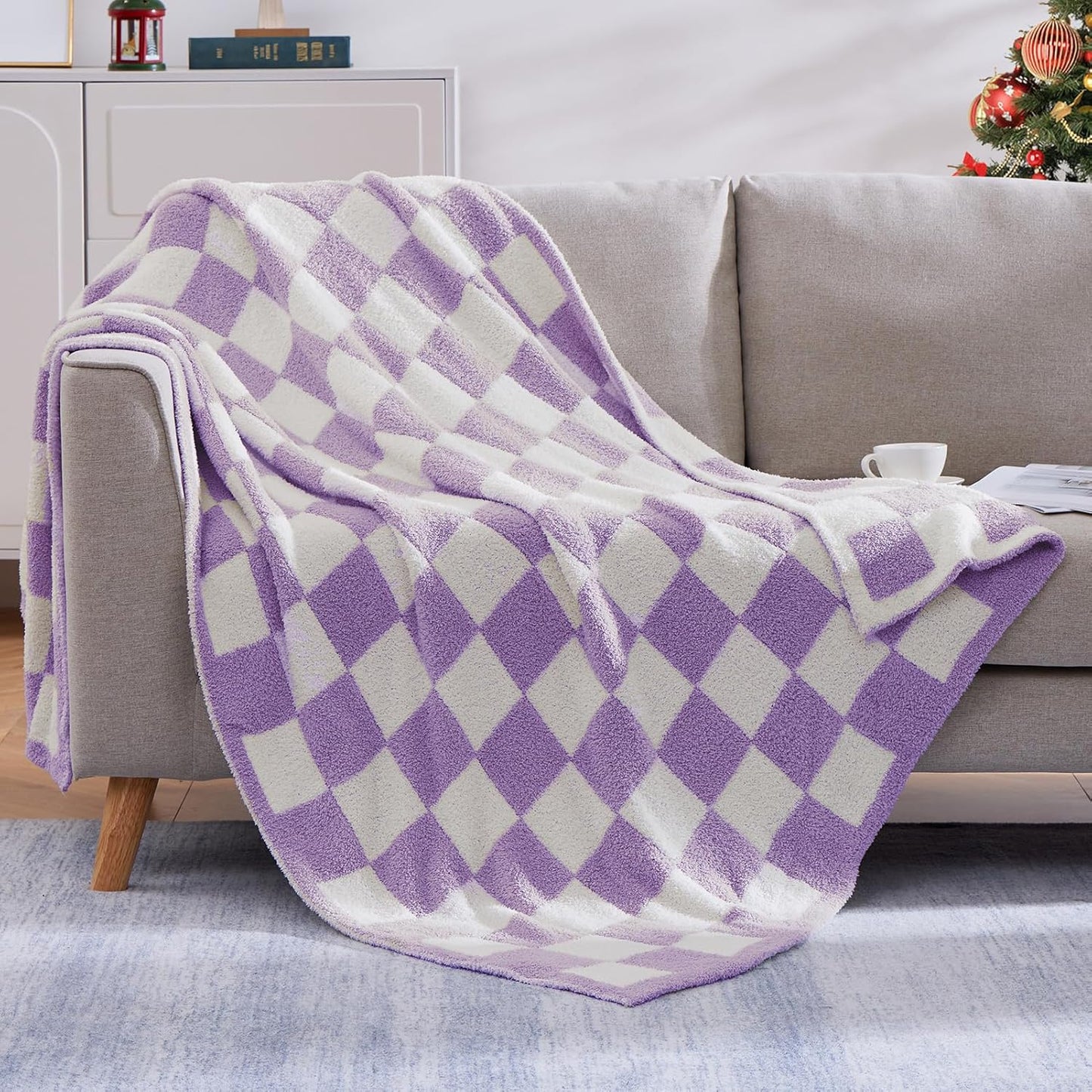 WRENSONGE Checkered Throw Blanket, Purple Soft Cozy Fluffy Warm Hand Made Throw Blankets for Couch, Sofa, Chair, Bed, Camping, Picnic, Travel Lightweight Bed Blanket - 50"*70"
