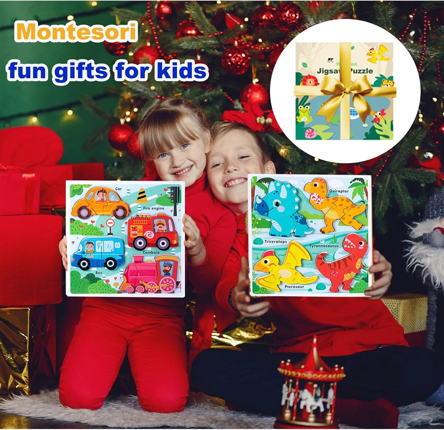 Wooden Puzzles for Toddlers 2-4 ，Vehicle & Dinosaur Toddler Puzzles Age 2-3，Toddler Toys for 2 3 Years Old Girls Boys，Montessori Learning Gifts for 2-3