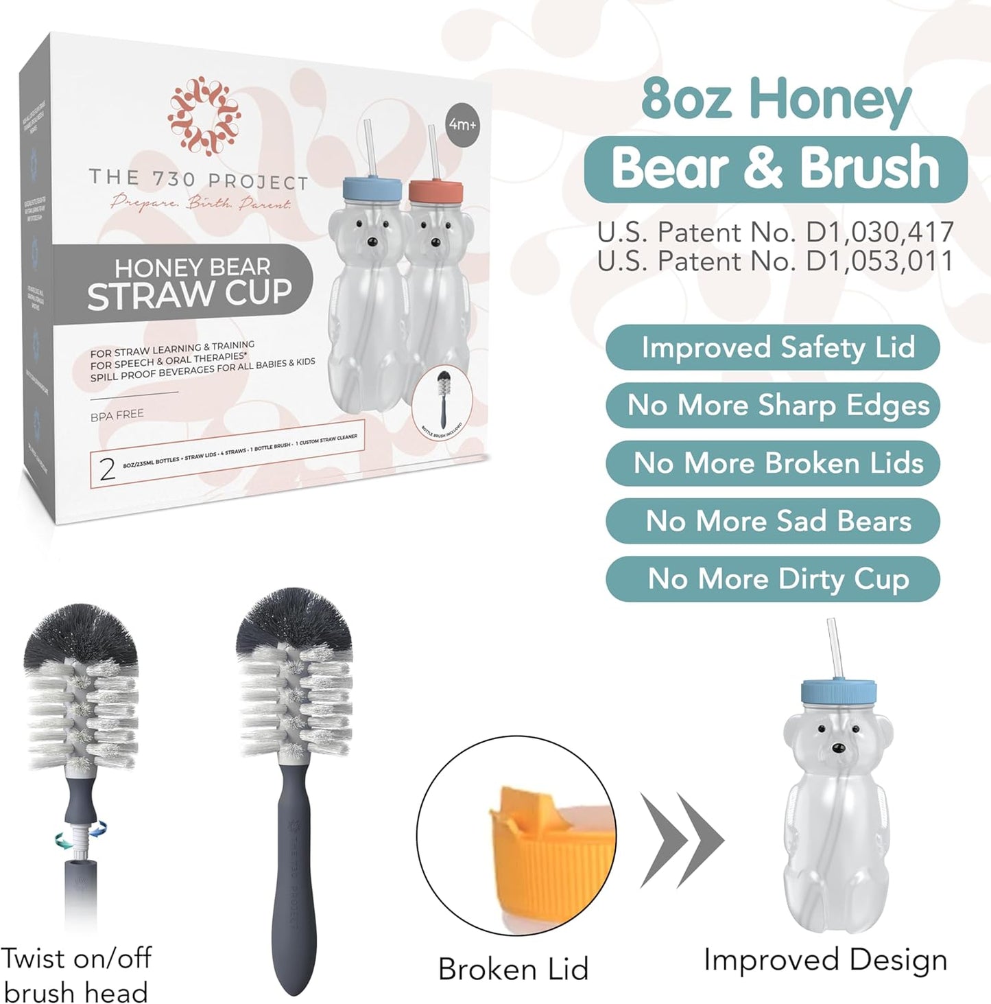 Honey Bear Straw Cup for Babies, 8oz Honey BearCup with Bottle Brush, 2-Pack Improved Lid Therapy Learning Honeybear Straw Cup for Baby, Cherry Blossom & Unicorn