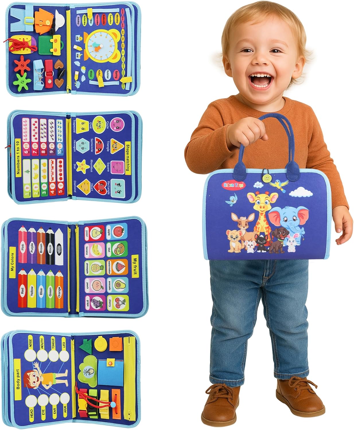 Montessori Busy Board - Ideal Busy Book Toddler Toys & Gifts for Boys & Girls, Toddler Travel Essential for Airplane & Car, Sensory Toys, Great for Baby Gifts for Boys