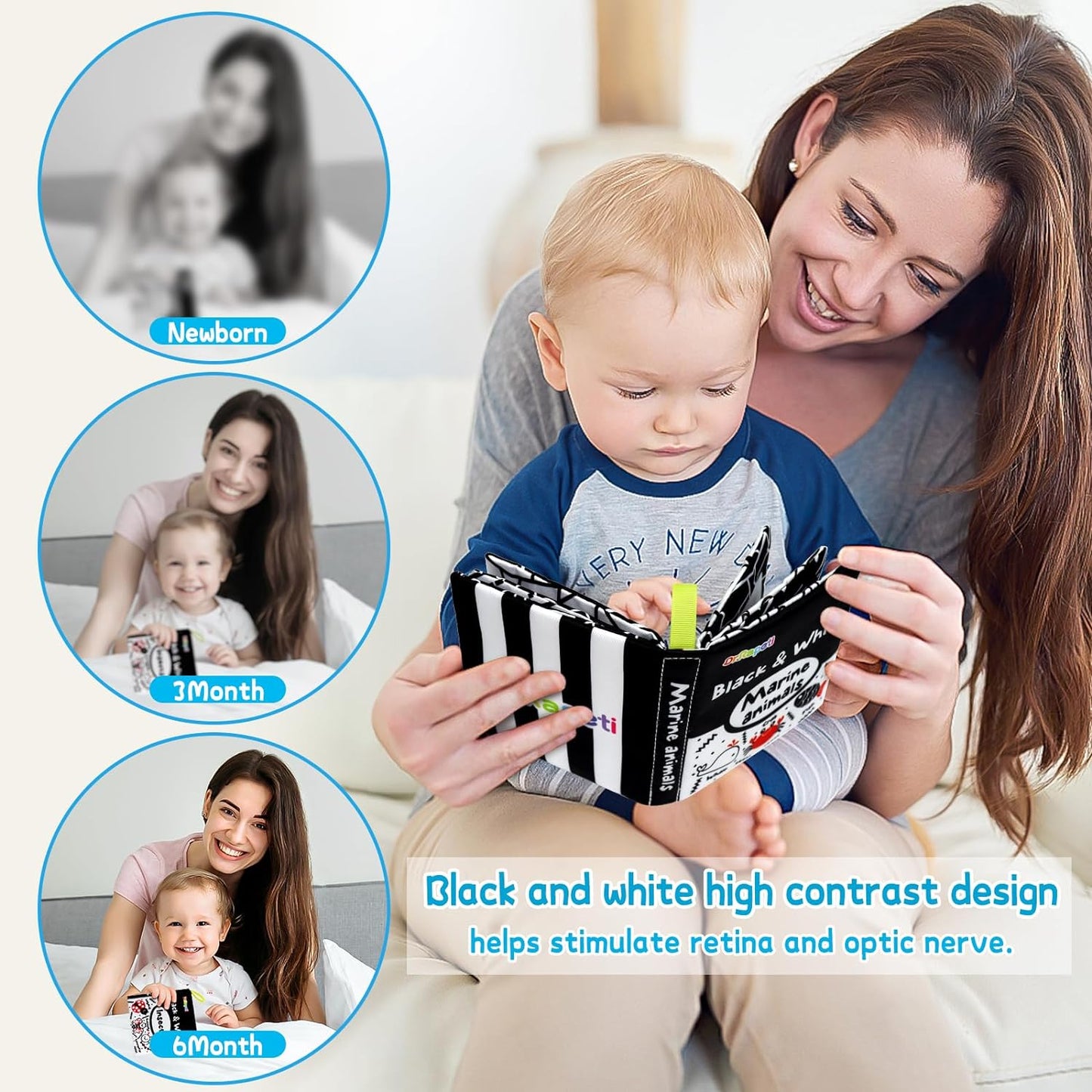 Dr.Rapeti Soft Cloth Books Baby Books Bath Books 6-Pack for Baby Infant Toddler Kids High Contrast Black and White Crinkle Washable Chewable Non-Toxic Early Educational Giftable