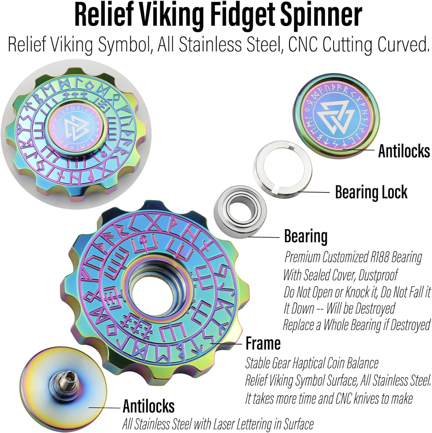 FREELOVE Metal Fidget Spinner, Viking Pirate Haptic Gyro, Heavy Stainless Steel Hand Spinning, Small Round Gear Fidget Block, Premium Bearing Silent Long Spinning for Adults Anxiety Cool, Rainbow