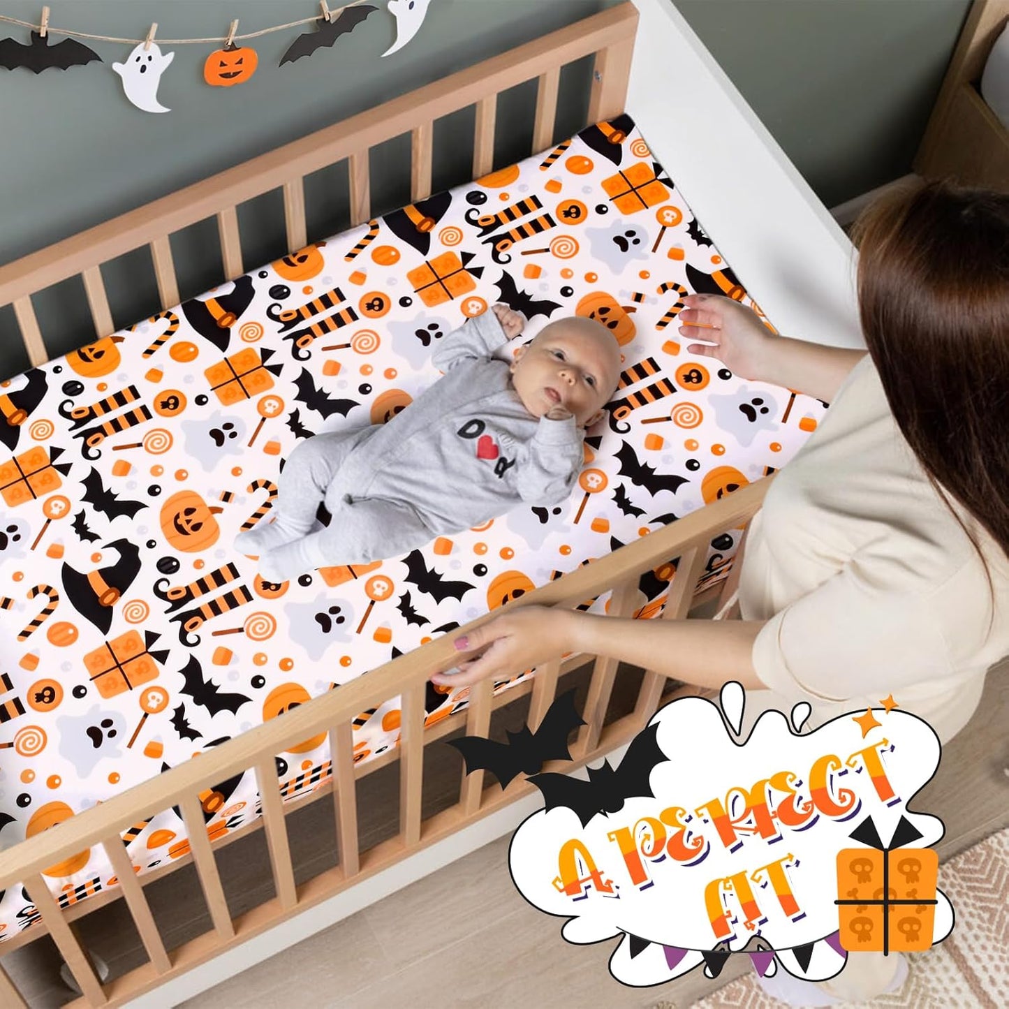 UOMNY Halloween Pumpkin Crib Sheet for Boys Girls Pumpkin Ghost Fitted Crib Sheets for Standard Crib 52 X 28 Inch Toddler Crib Mattresses Sheet
