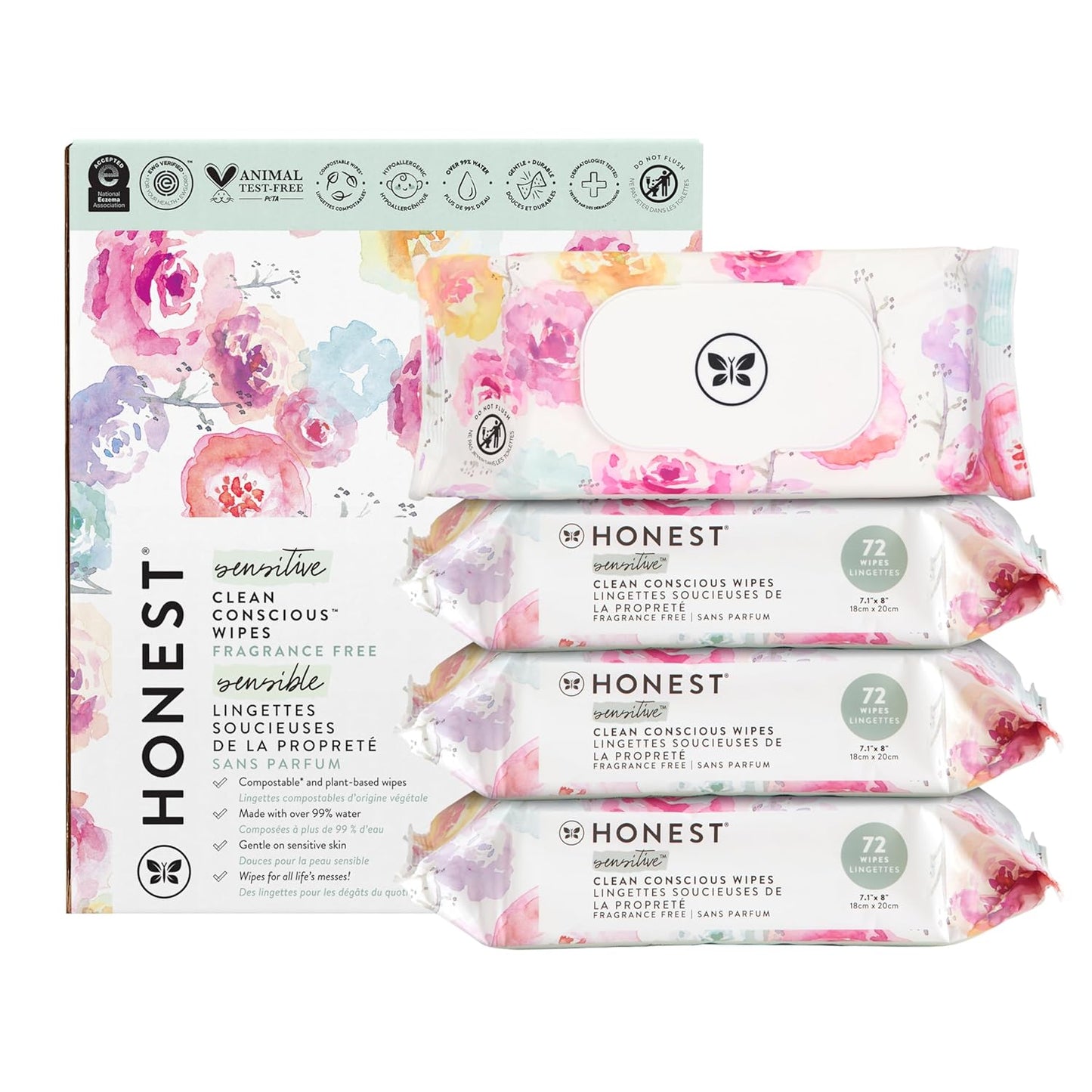 The Honest Company Clean Conscious Multi-Use Wipes | Hypoallergenic + Unscented for Sensitive Skin | Over 99% Water, Compostable, Plant Based, Baby Wipes | Rose Blossom, 288 Count