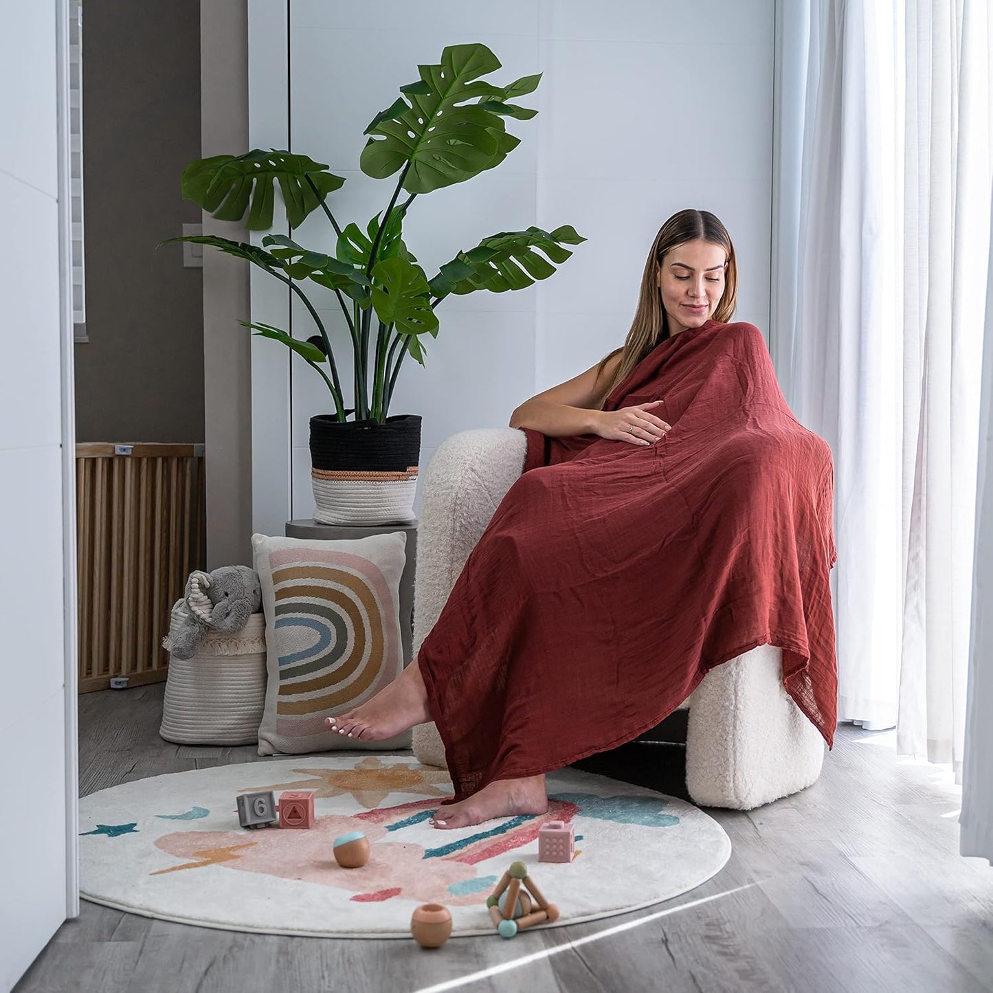 Comfy Cubs Muslin Swaddle Blankets Pack of 4, 47 x 47 Inches, Soft Cotton Baby Blanket Set, Large Multipurpose Swaddling Wraps for Newborns - Self-Soothing Swaddle - Wine, Neptune, Fern, Caramel