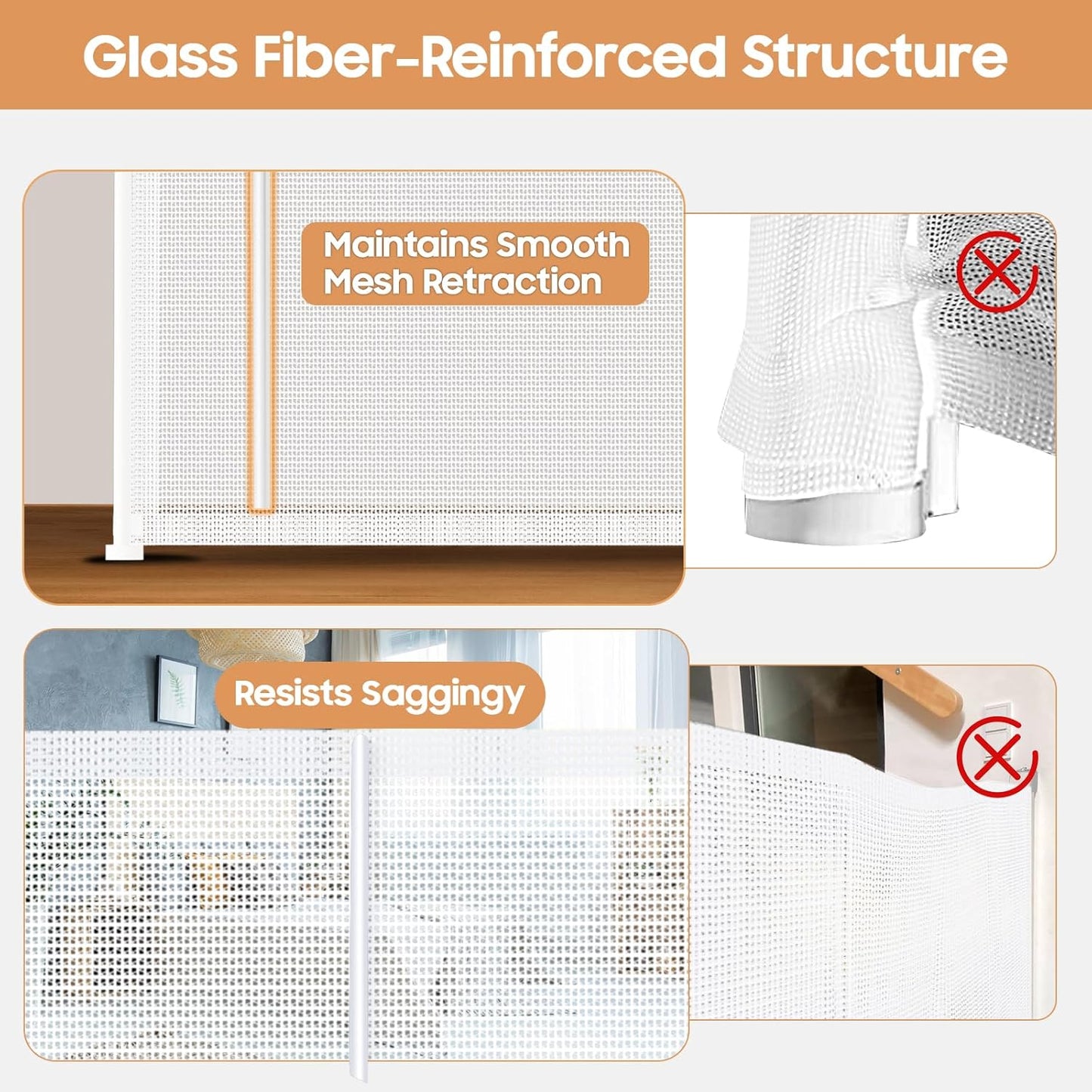 Retractable Baby Gates - 200" Extra Wide Retractable Dog Gate, 42" Extra Tall Mesh Gate Pet Gate with Support Rods, Long Child Safety Gate for Stairs Doorways Indoor Outdoor Large Openings - White