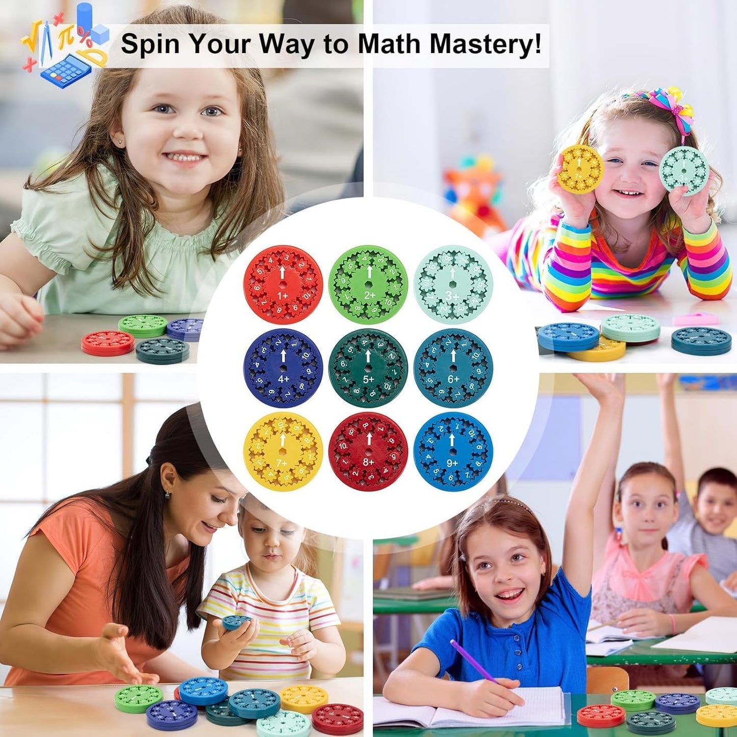 Math Fidget Spinners, Math Fact Fidget Spinners, Math Fidget Toy for Kids, Perfect for Learning Add Subtract Multiplication Division with The Math Spinners (Add Or Subtract 9pcs)