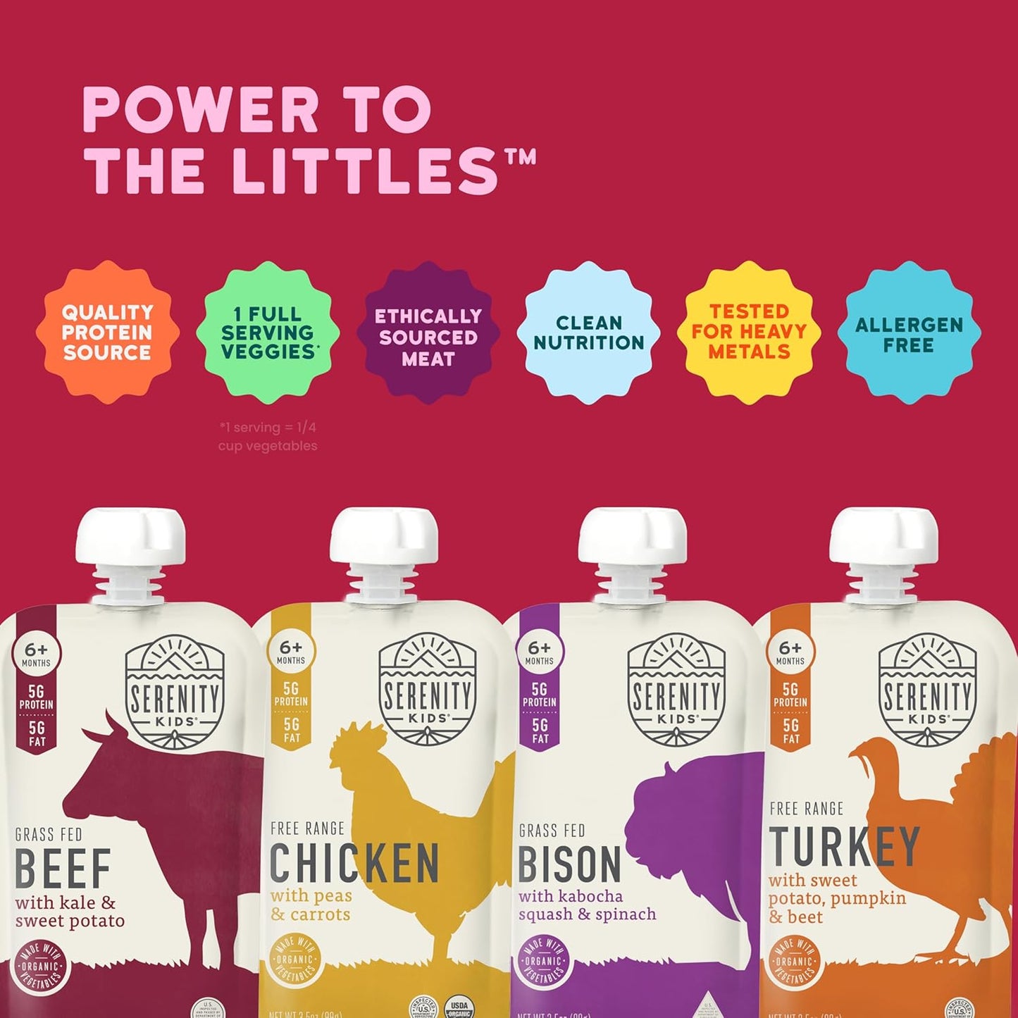 Serenity Kids 6+ Months Baby Food Pouches - Ethically Sourced Meat & Organic Veggies - High Protein Savory Baby Puree Pouches for Baby Snacks - 3.5 Oz, 8 Pack