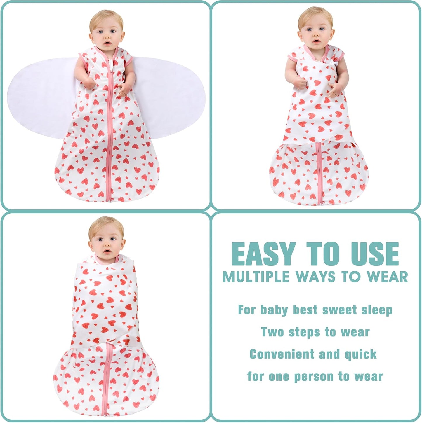 Newborn Sleep Sack Baby Swaddle,Swaddle me 3-6 Month,3-Way Adjustable Wearable Blanket,100% Rayon Cotton Swaddling Sleeping Bag，TOG 0.5 (Love, 3-6 Months)